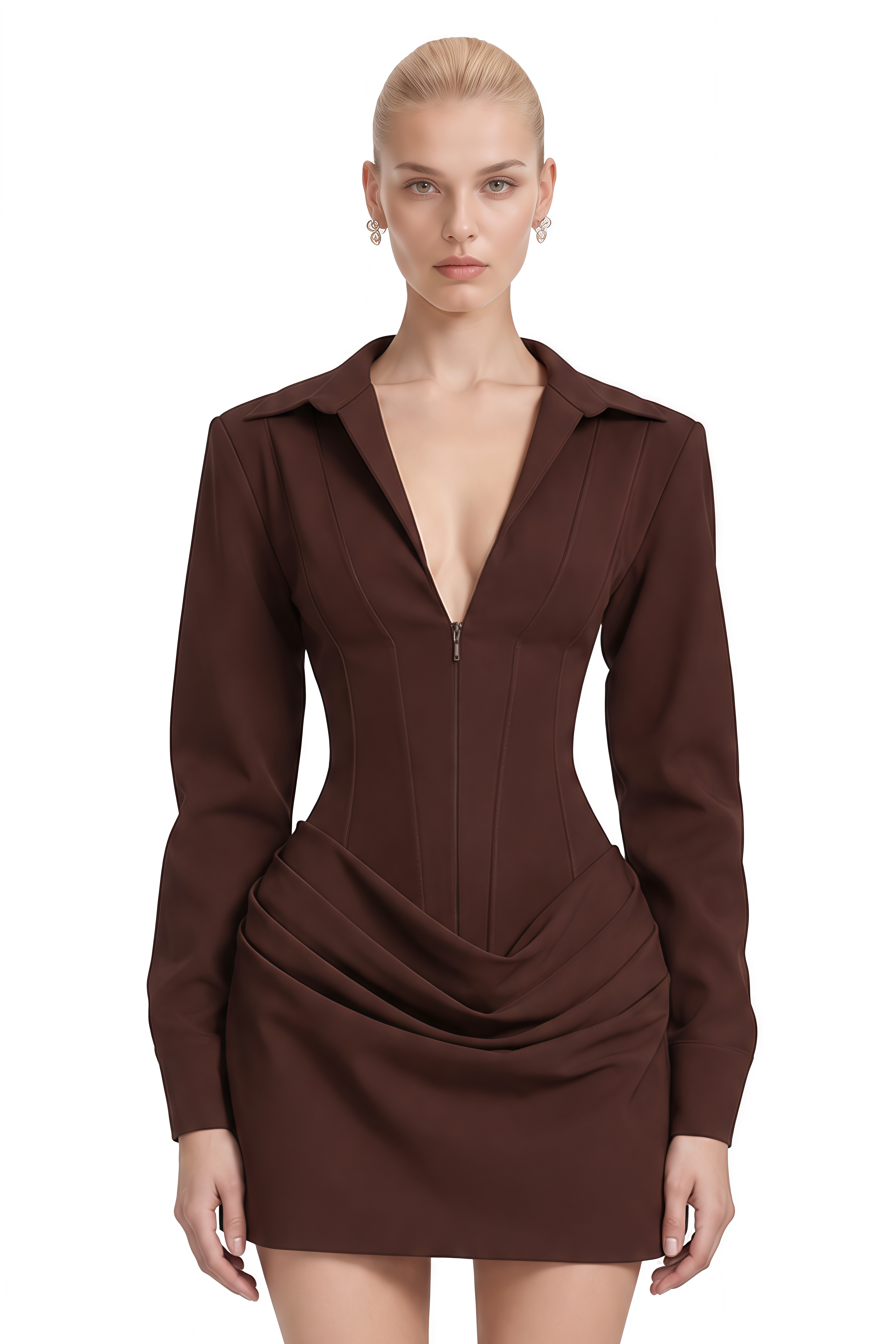 Olivia Brown Long Sleeves Draped Mini Dress