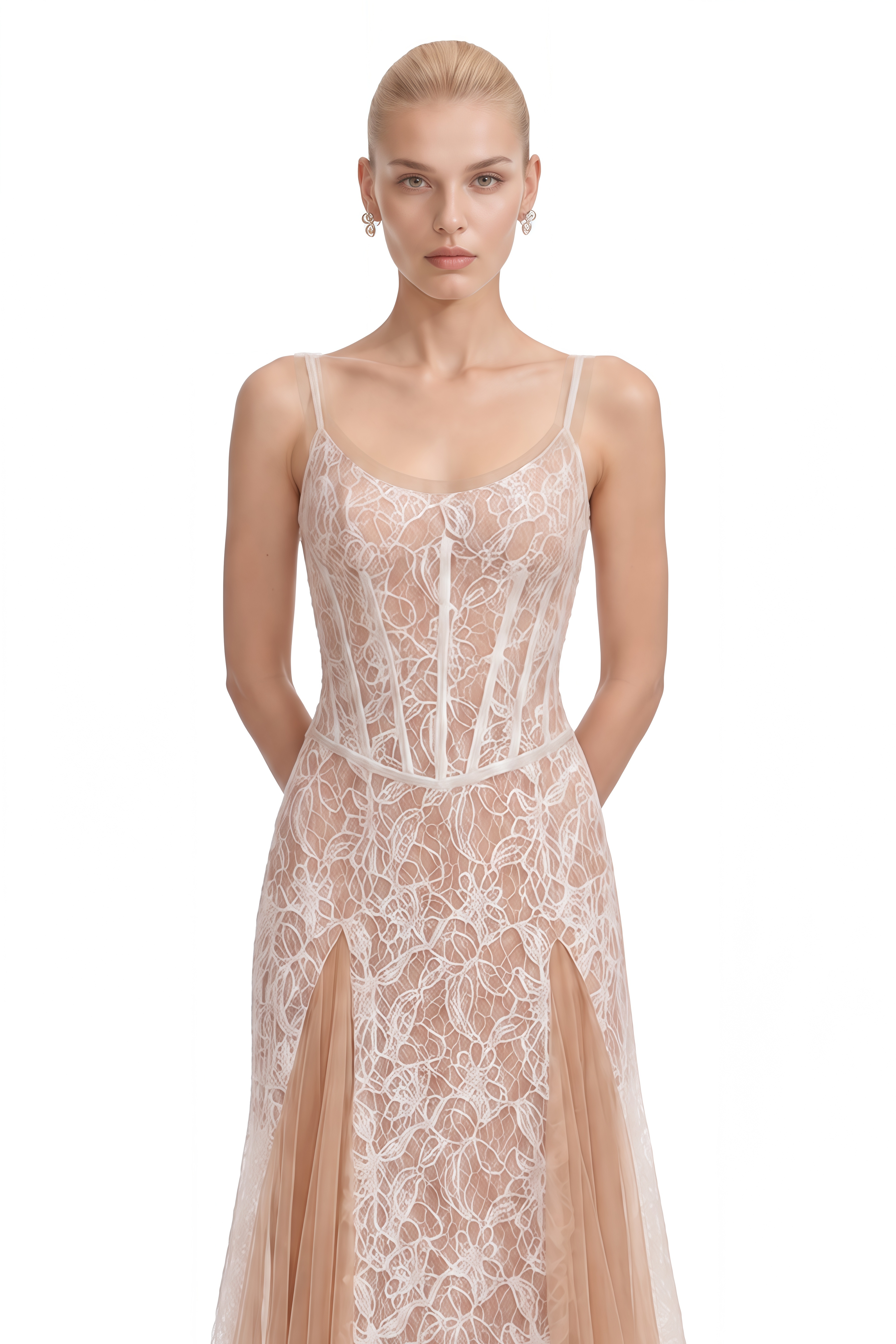Anastasia Beige Structured Lace Maxi Dress