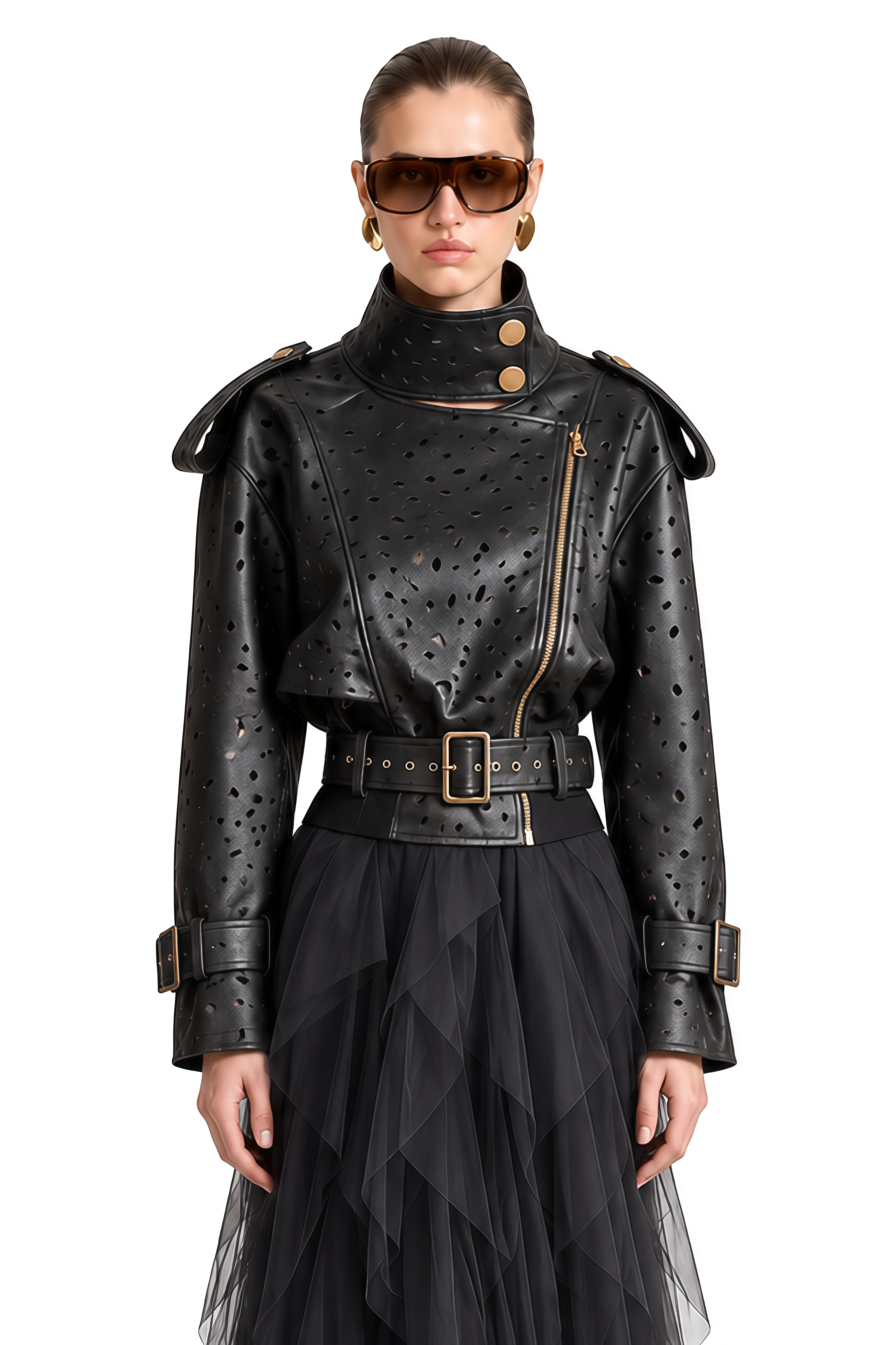 Theodora Black Structured Ruffled Jacket & Skirt Set