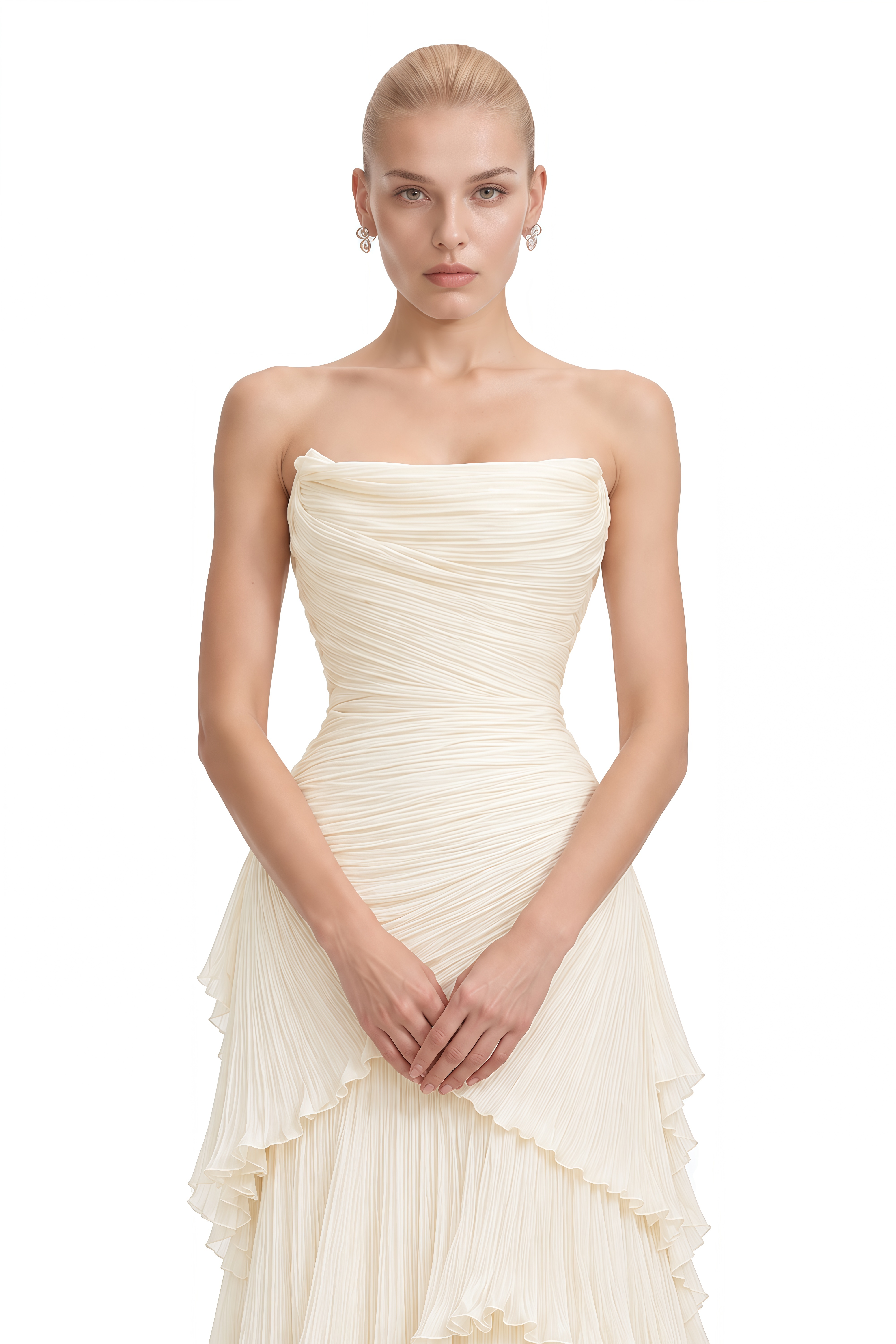Maeve White Strapless Ruffled Maxi Dress