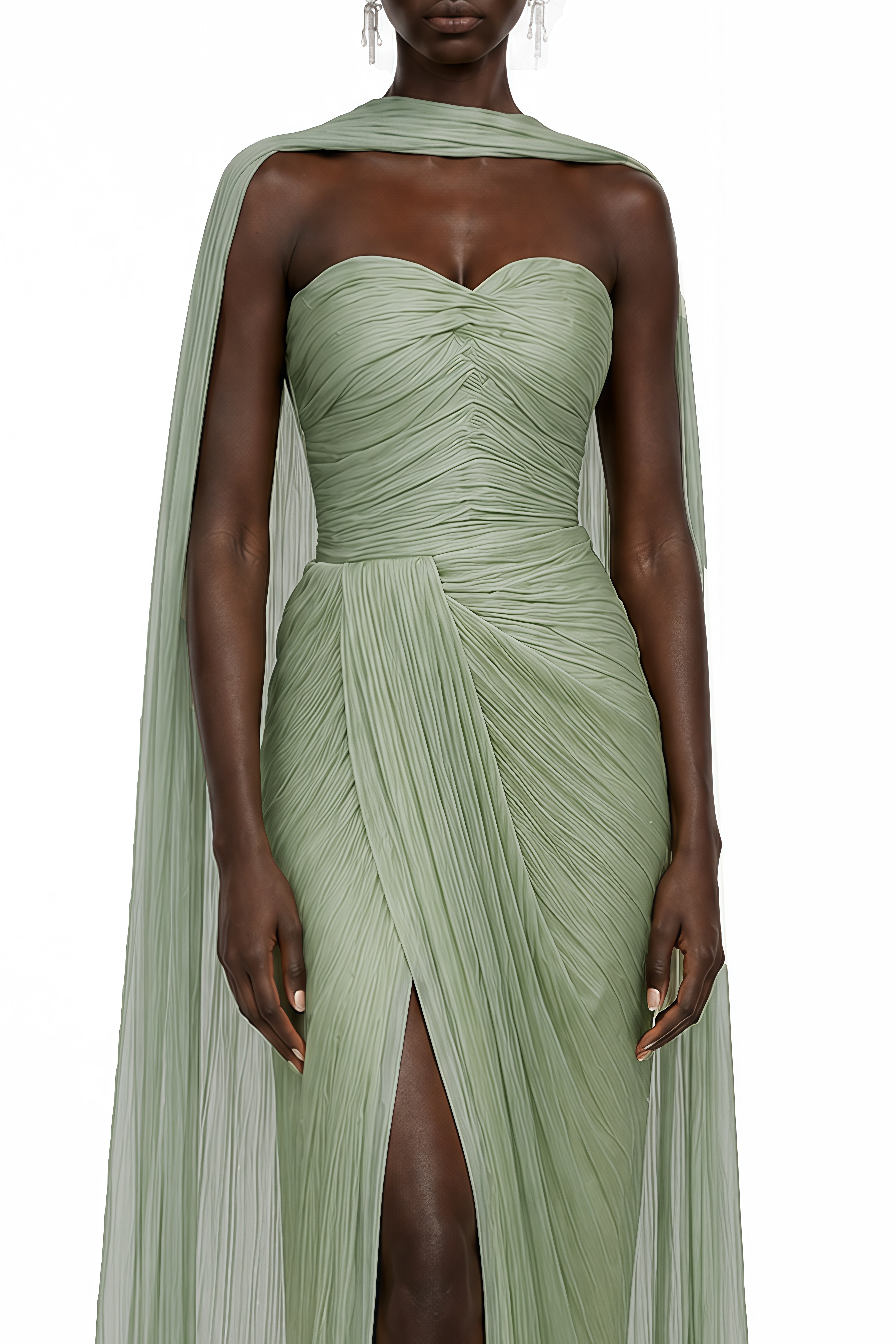 Althea Green Cape Design Ruched Maxi Dress