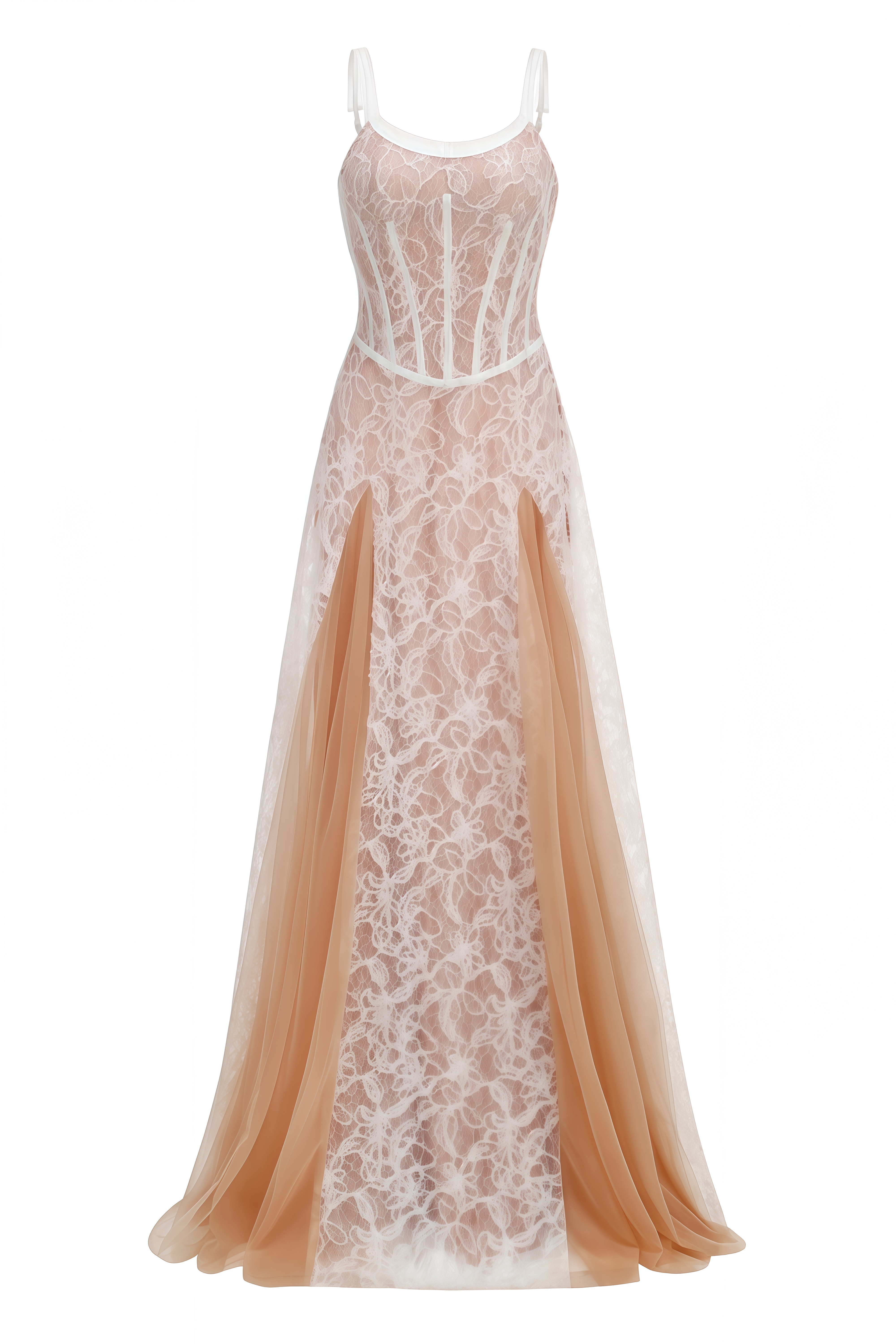 Anastasia Beige Structured Lace Maxi Dress