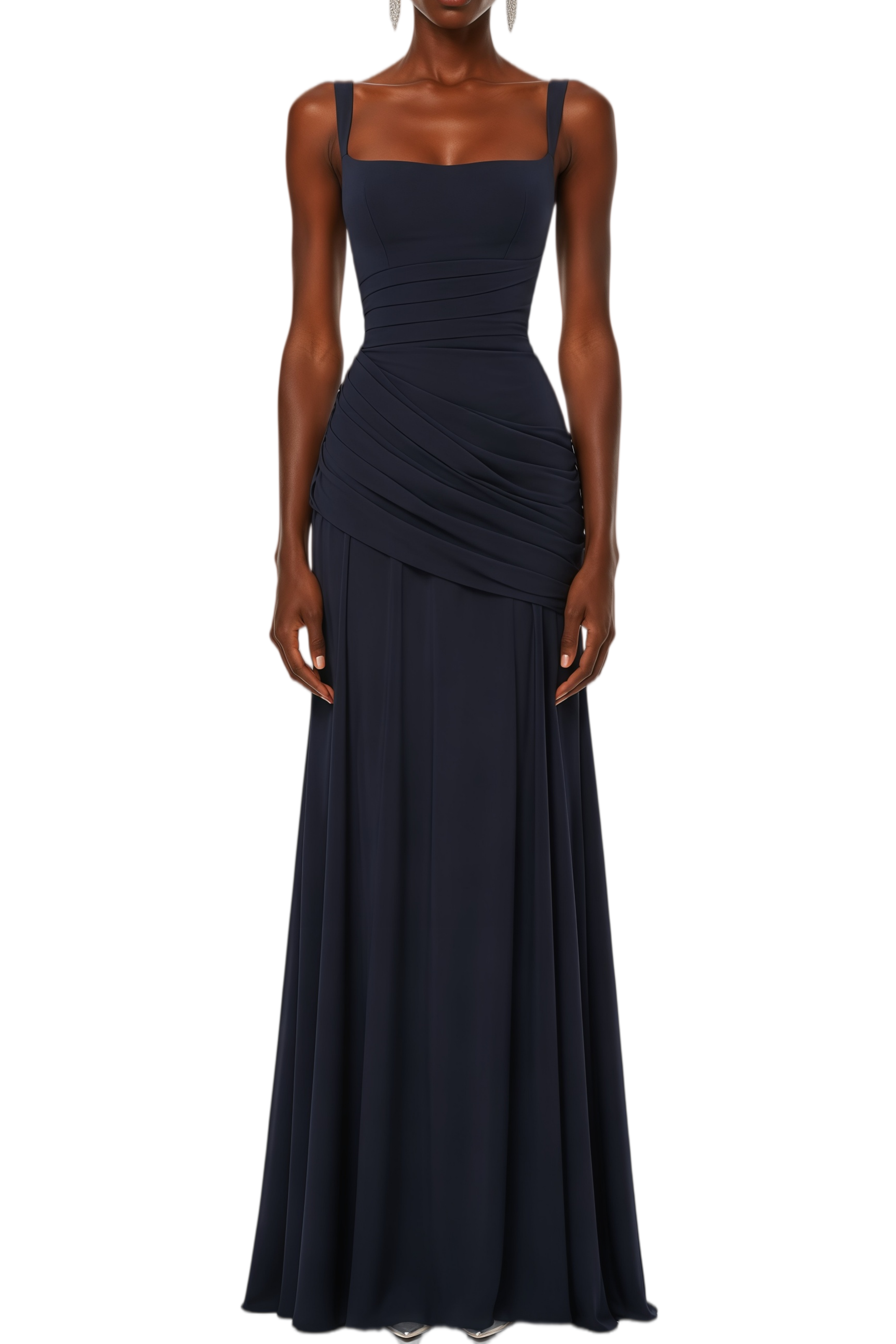 Althea Navy Blue Lace-Up Back Ruched Maxi Dress