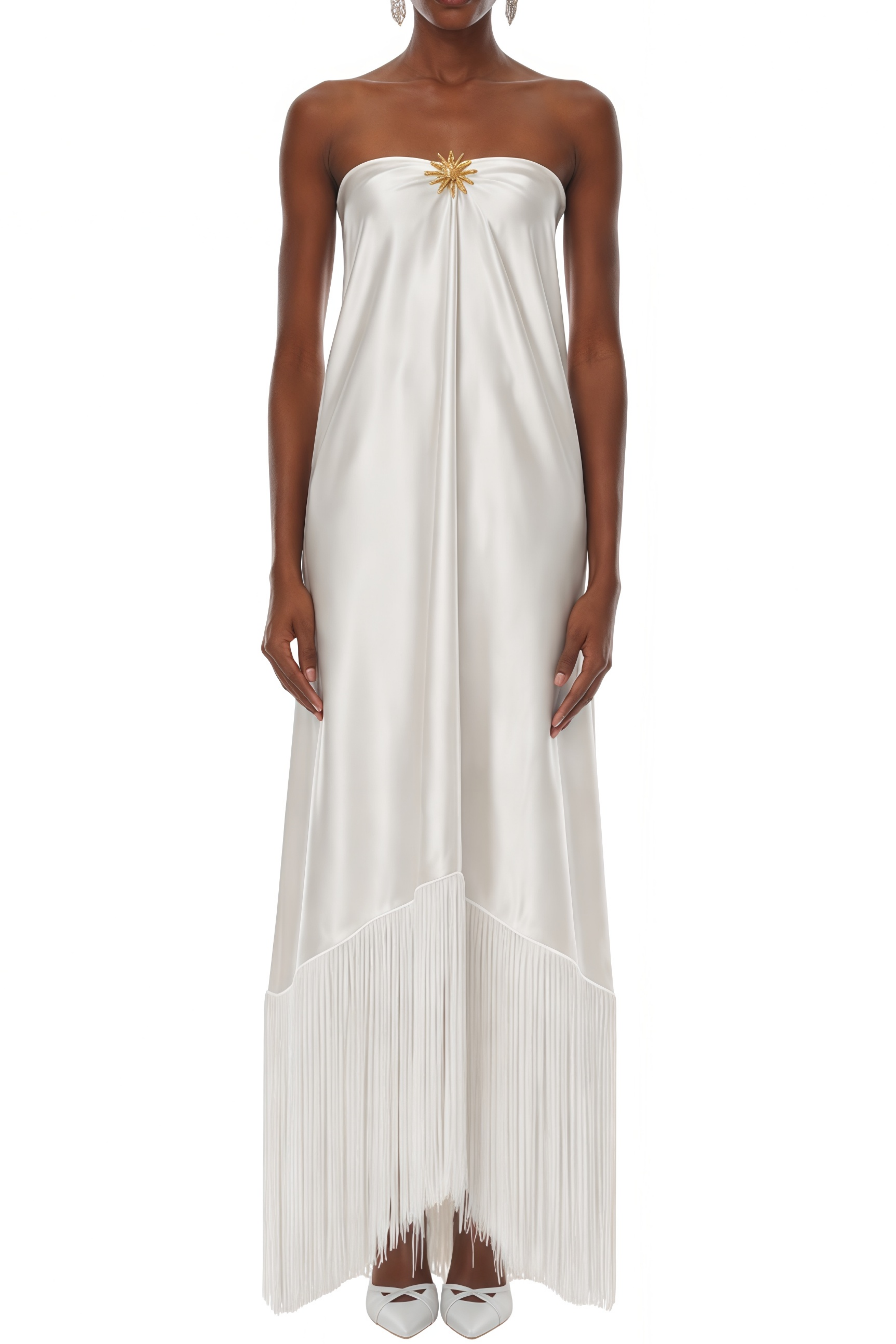 Portia White Off Shoulder Fringed Maxi Dress