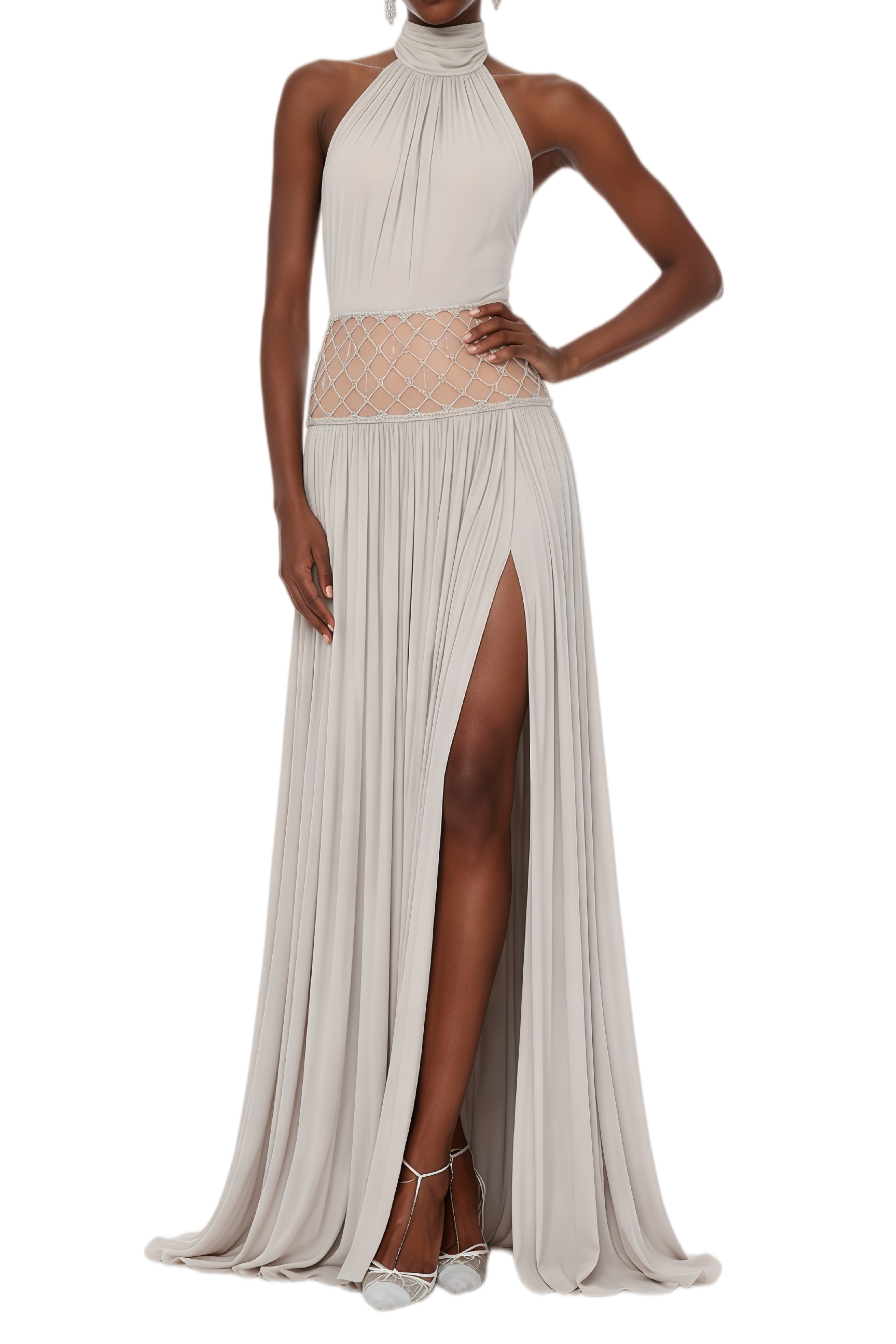 Gabrielle Almond Grey Rhinestone Lattice Maxi Dress