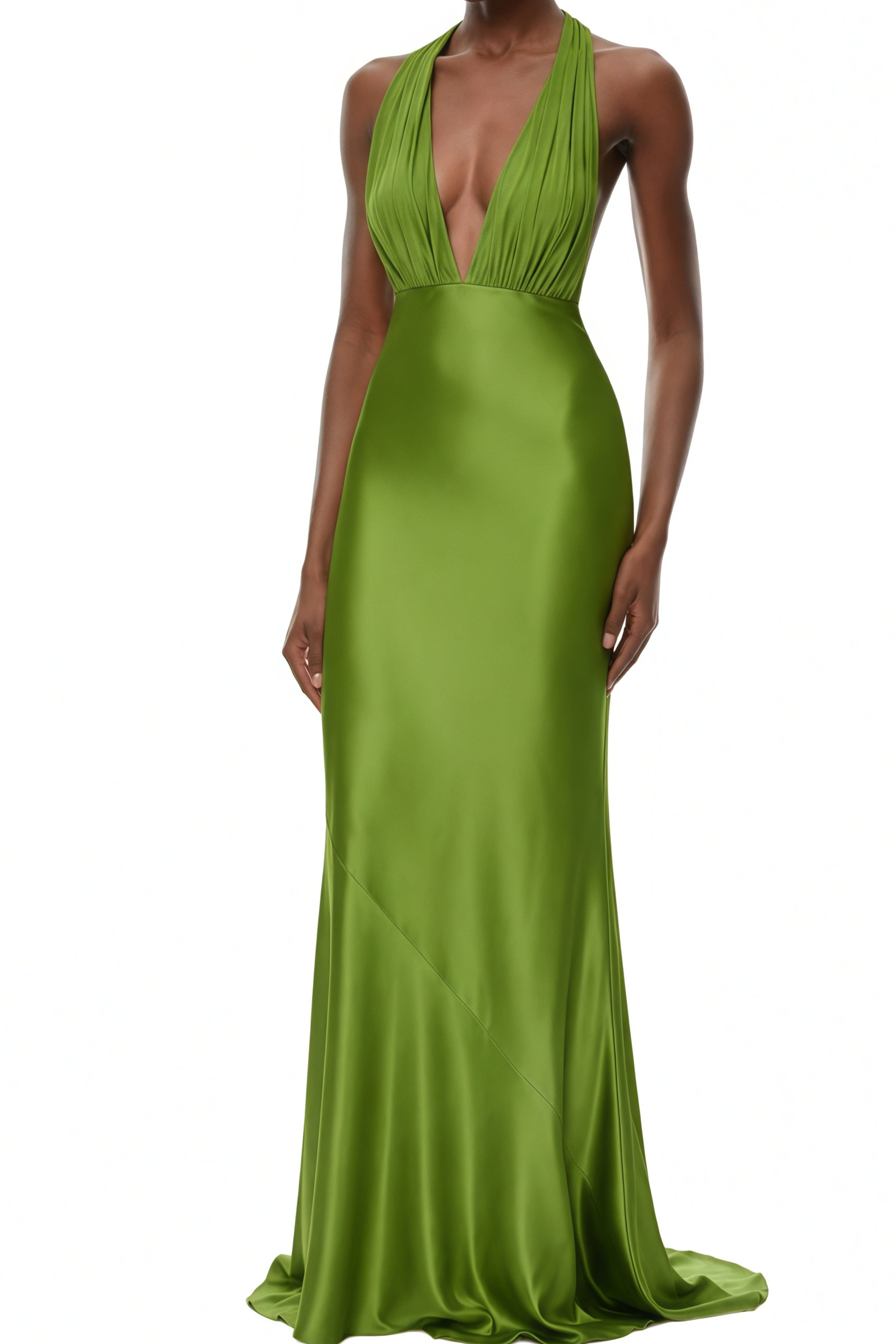 Adeline Green Halterneck Ruched Maxi Dress