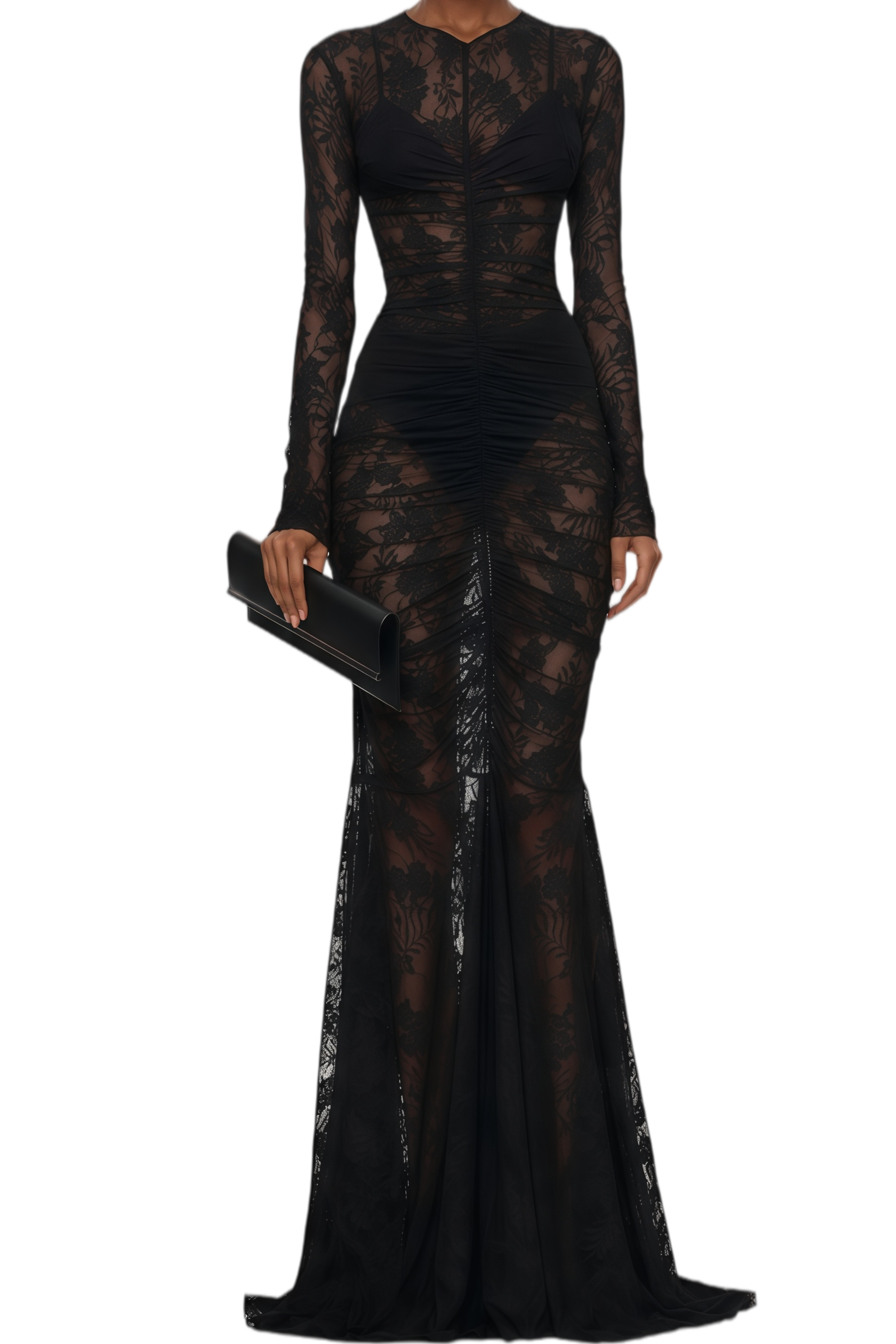 Janice Black Sheer Floral Lace Maxi Dress