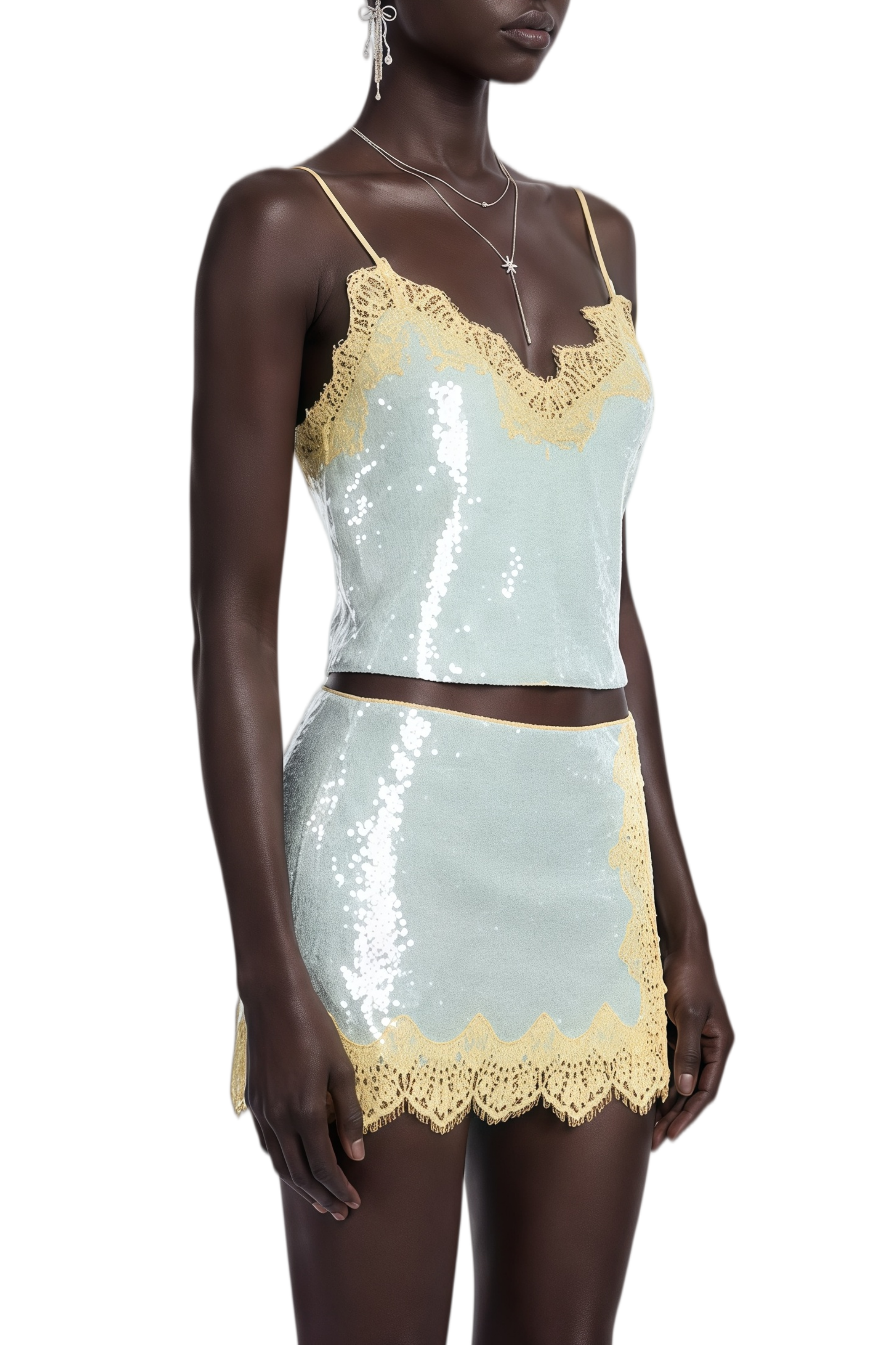 Eleanor Mint Green Lace Asymmetrical Top & Skirt Set