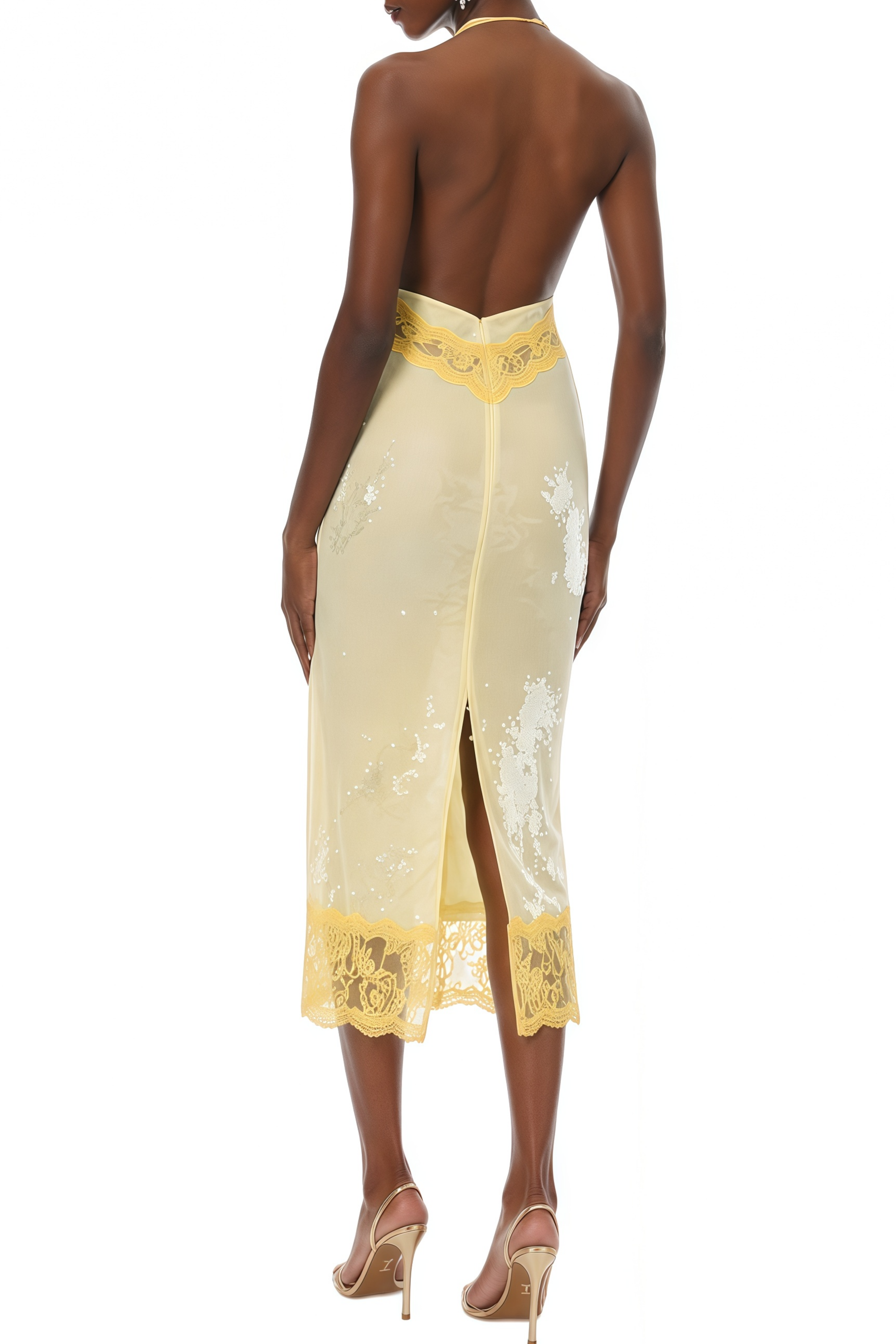 Clio Yellow Halterneck Lace Panel Midi Dress