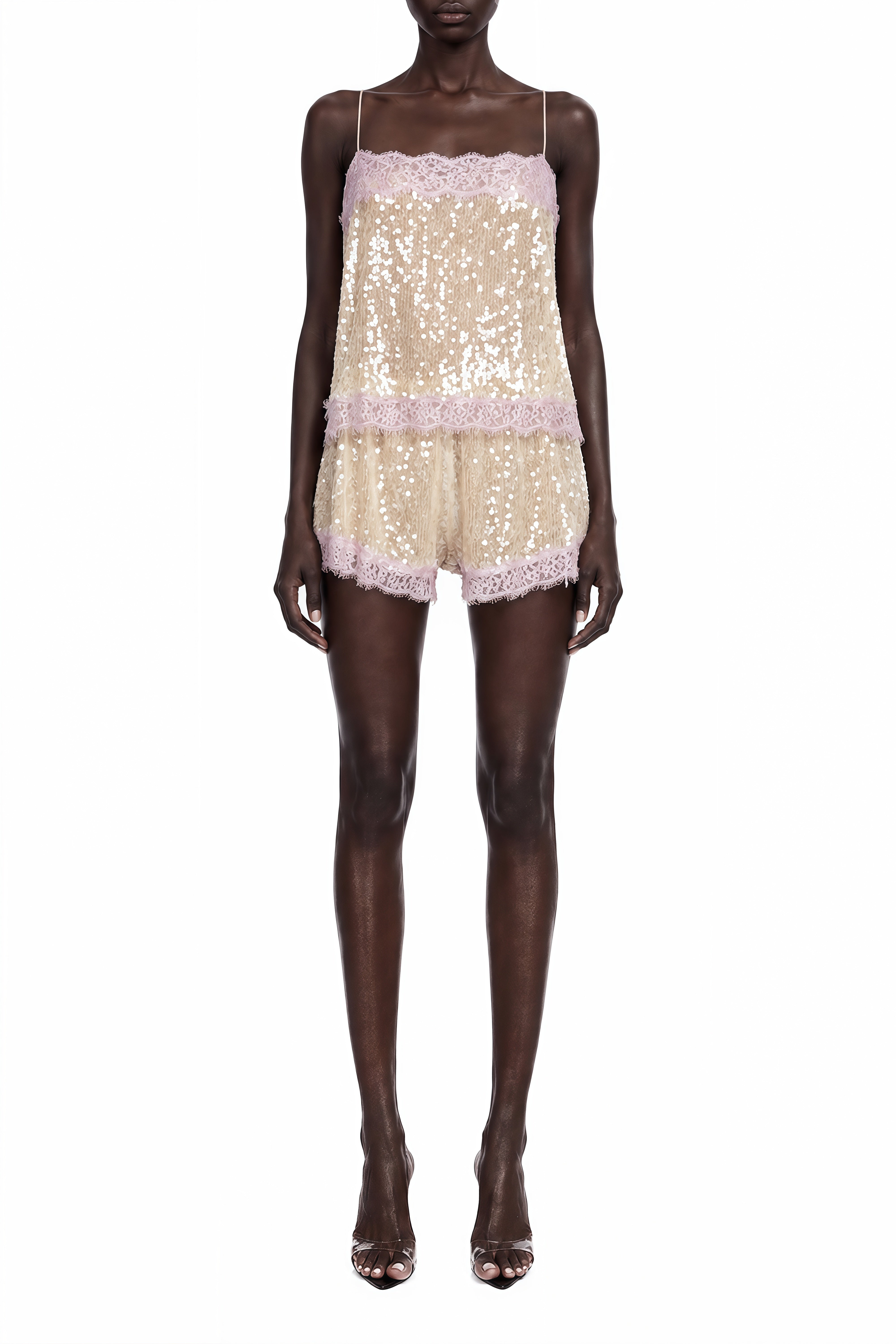 Catherine Champagne Sleeveless Lace Top & Shorts Set