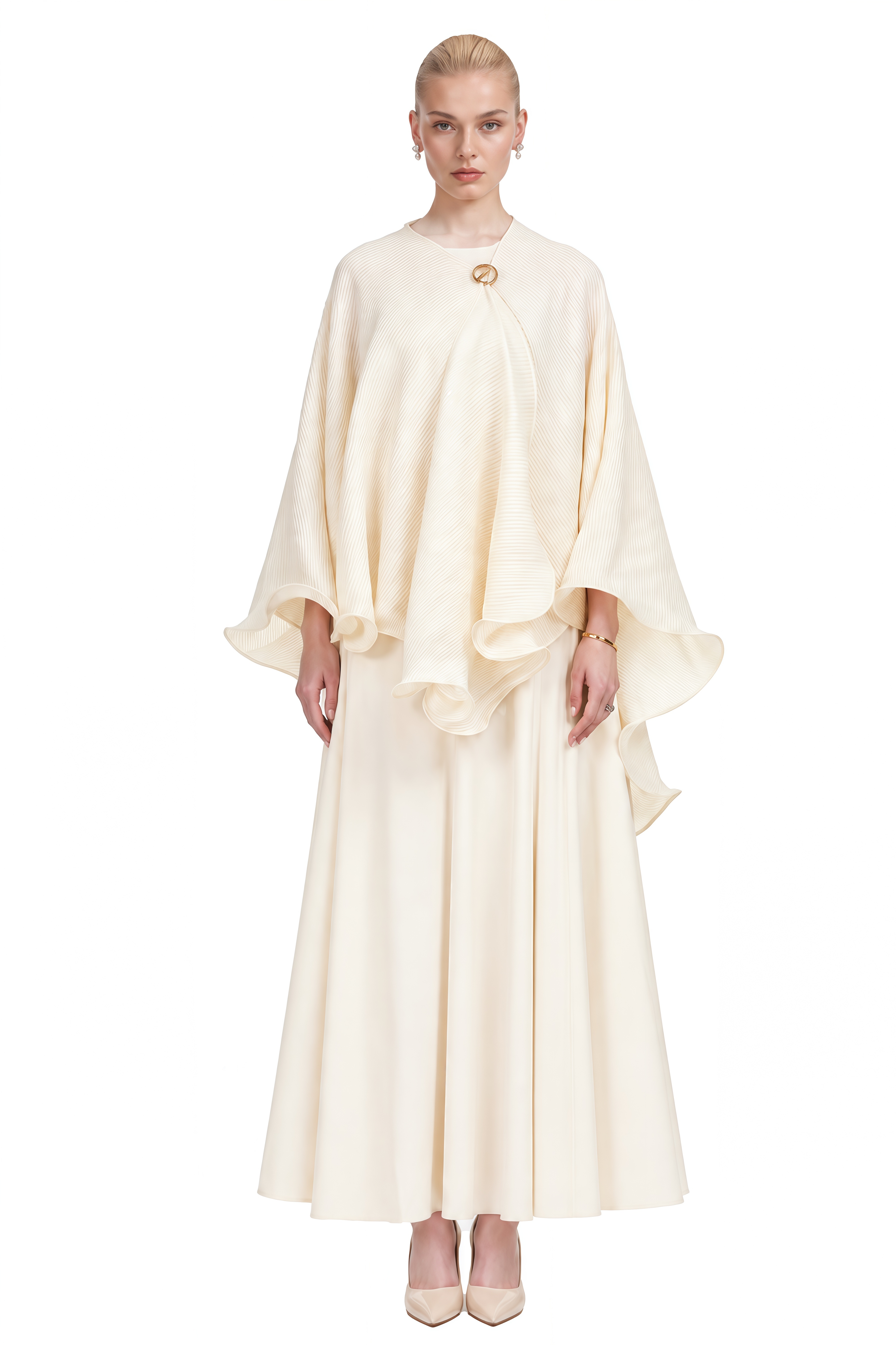 Aurora Neutral Cape Ruffled Top & Maxi Dress Set