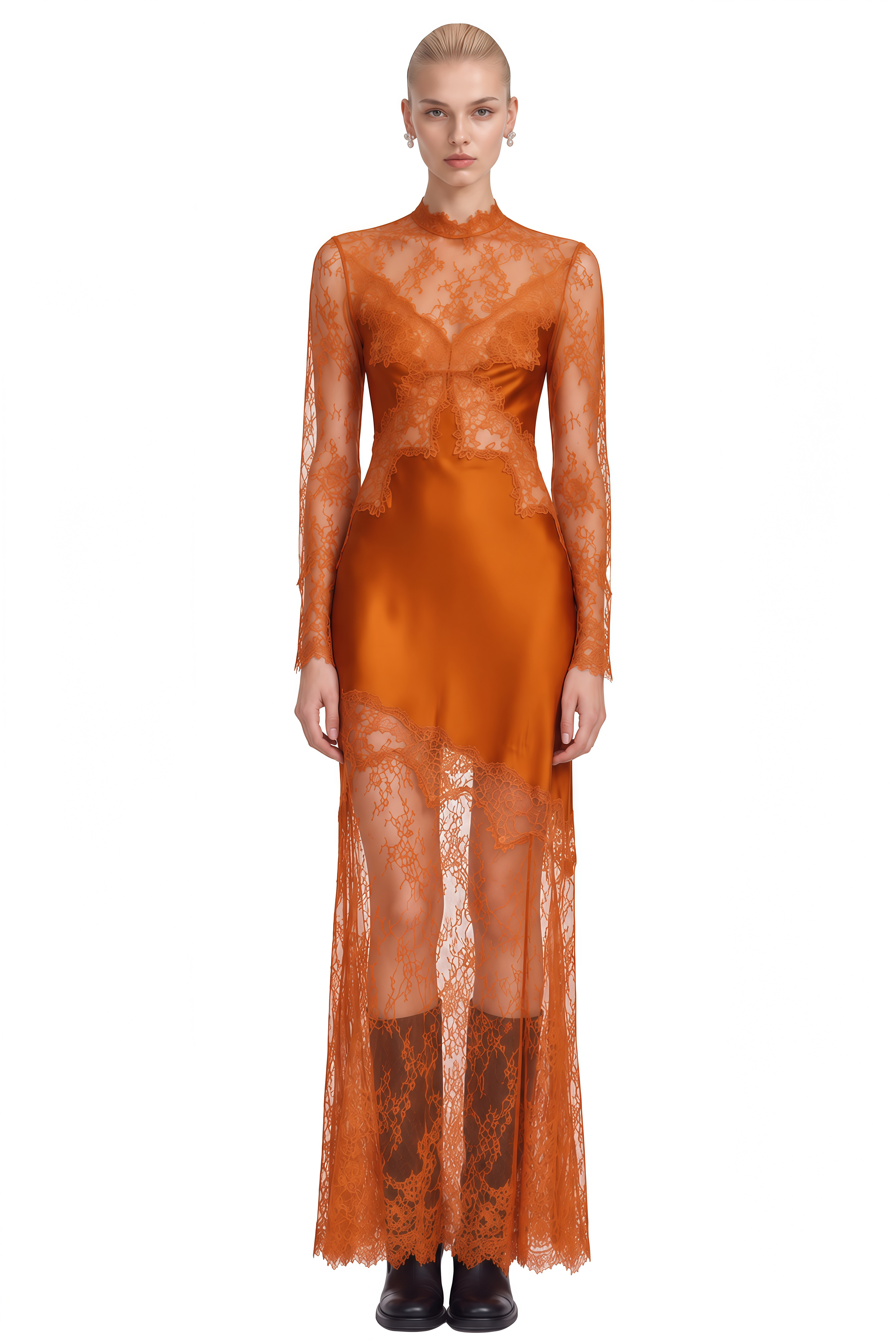 Mireille Burnt Orange Round Neck Lace Maxi Dress