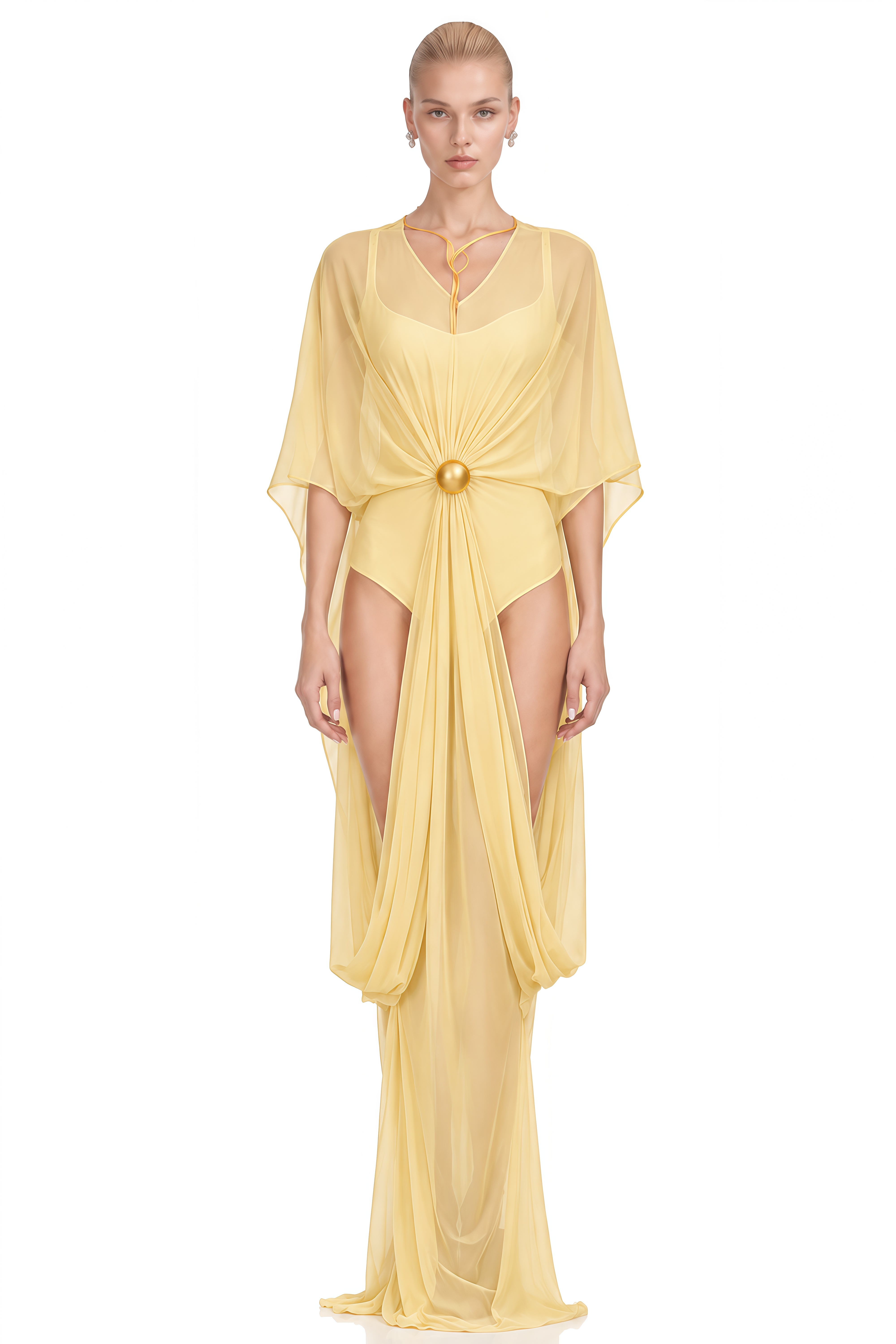 Elowen Yellow V-Neck Draped Shawl & Bodysuit Set