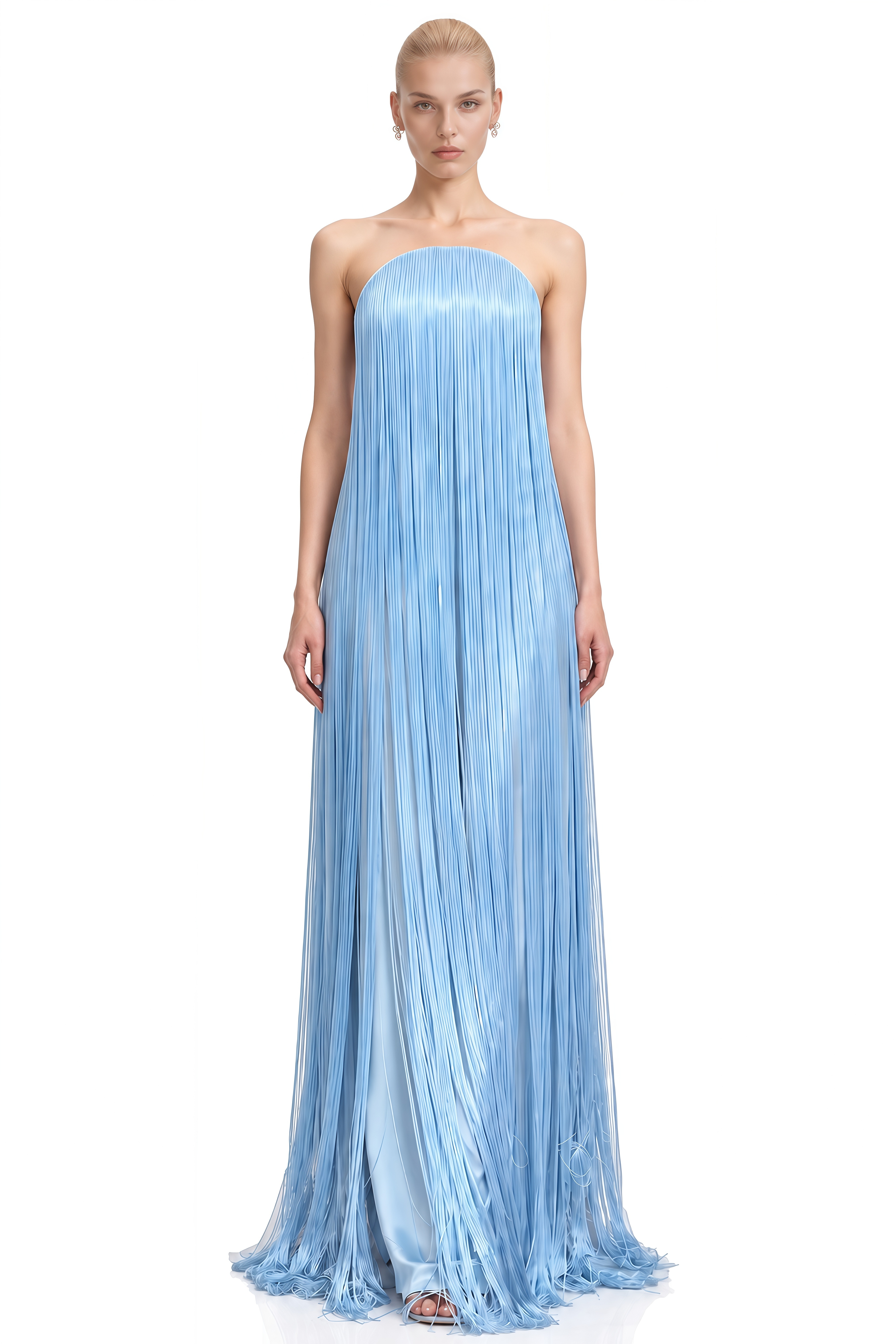 Belle Blue Strapless Fringe Maxi Dress