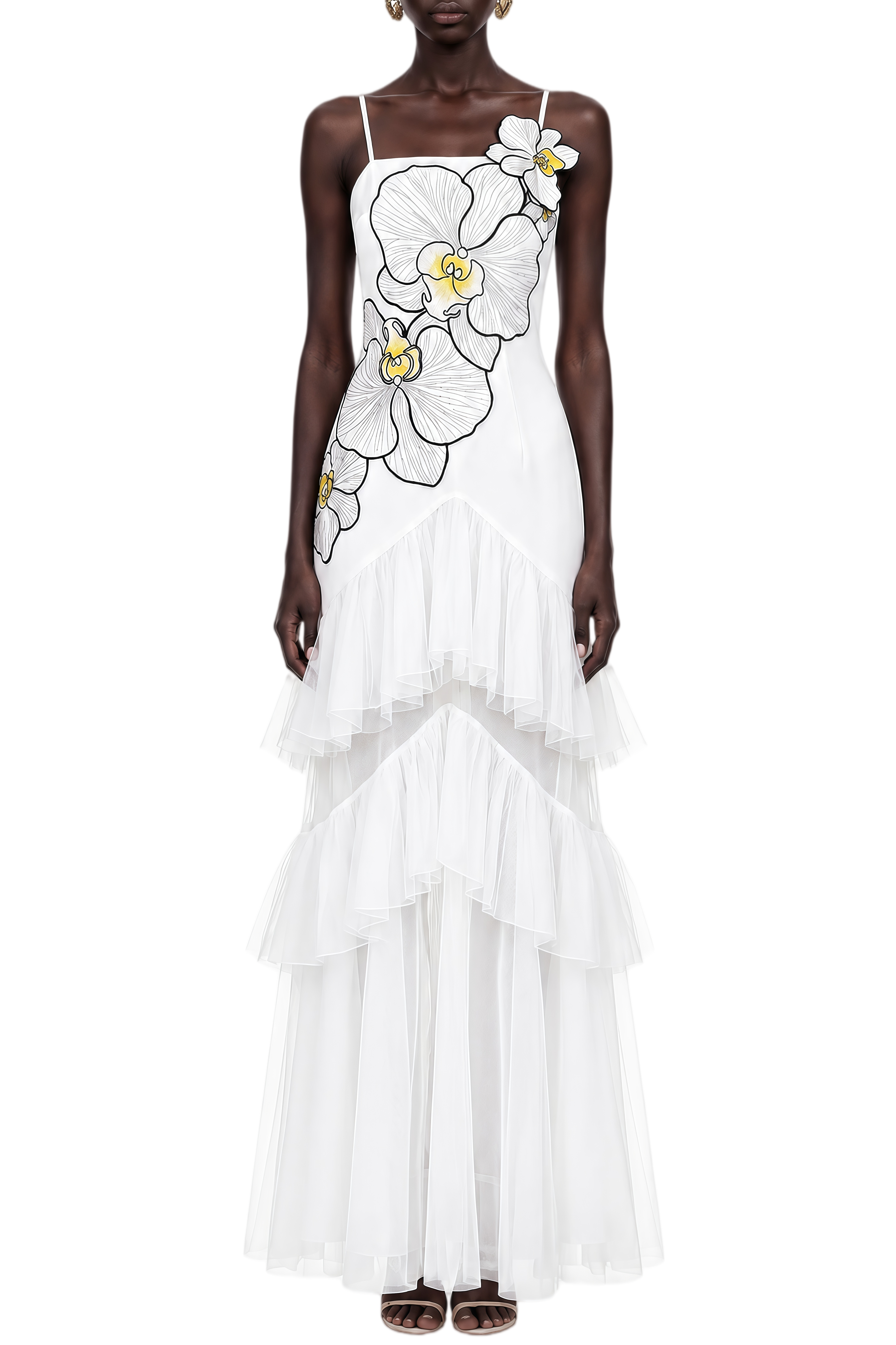 Elodie White 3D Floral Embroidered Sleeveless Maxi Dress