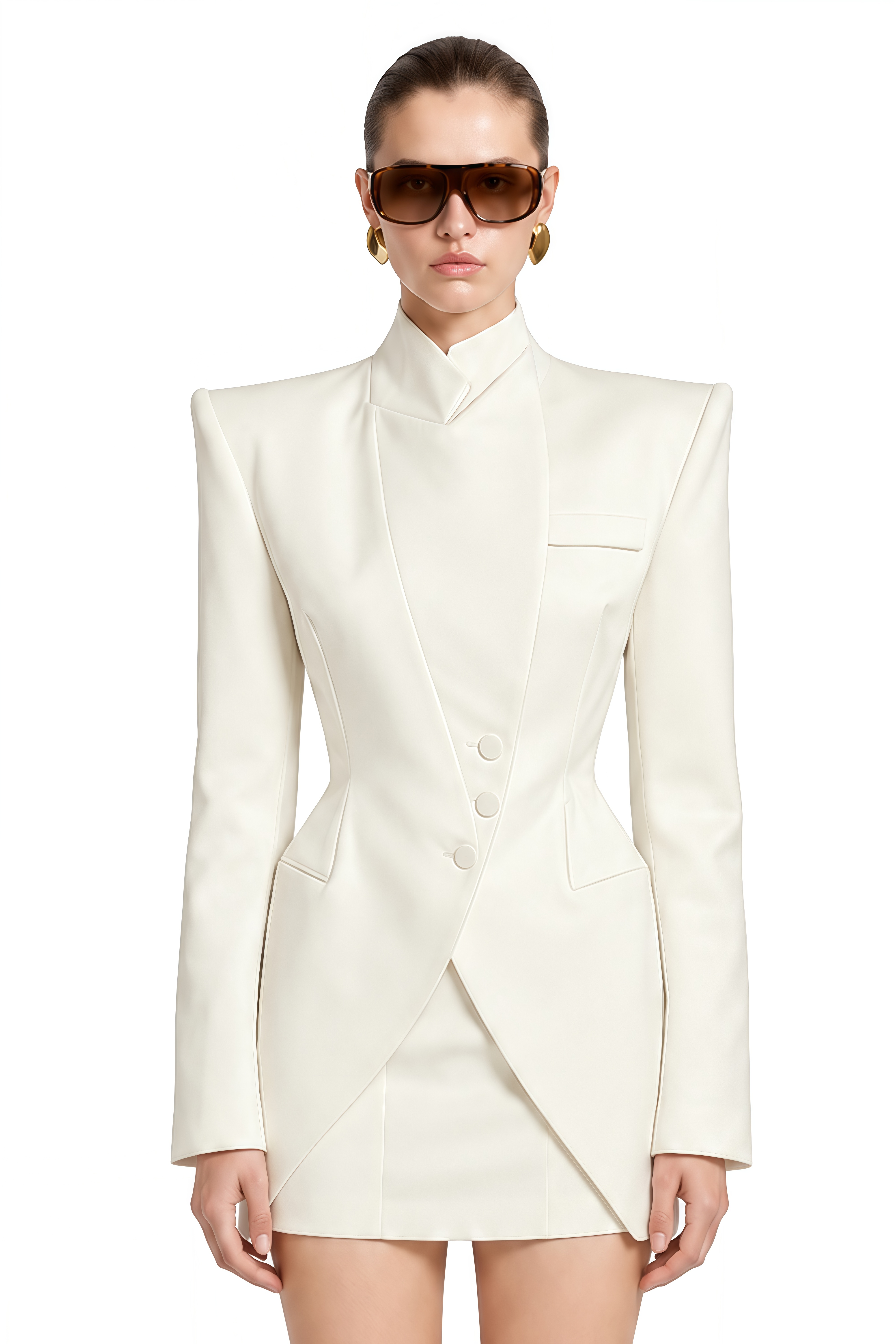Mia Ivory Long Sleeves Asymmetrical Coat & Skirt Set