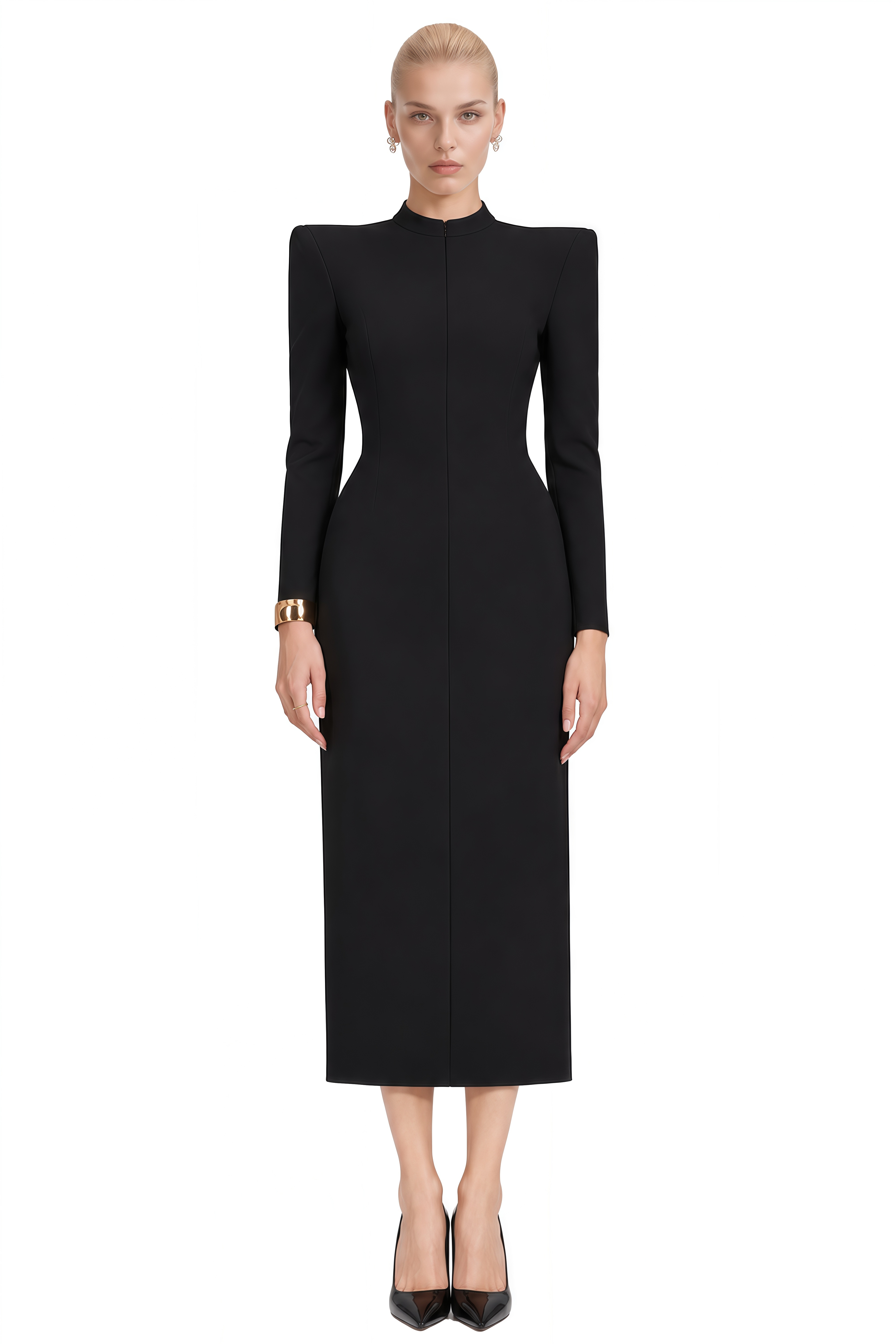 Helen Black Structured Shoulder Slit Midi Dress