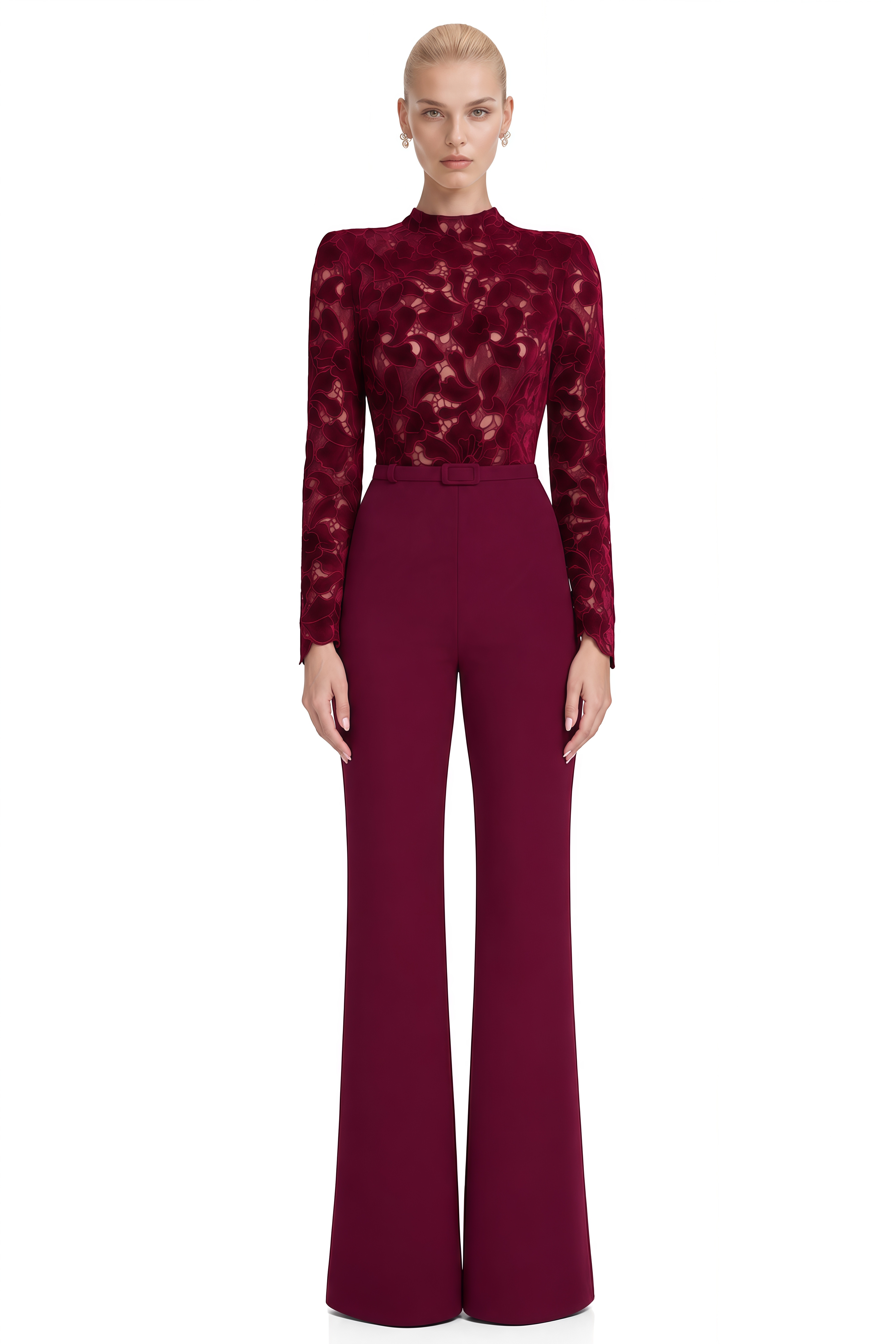 Flora Burgundy Long Sleeves Belted Jumpsuit