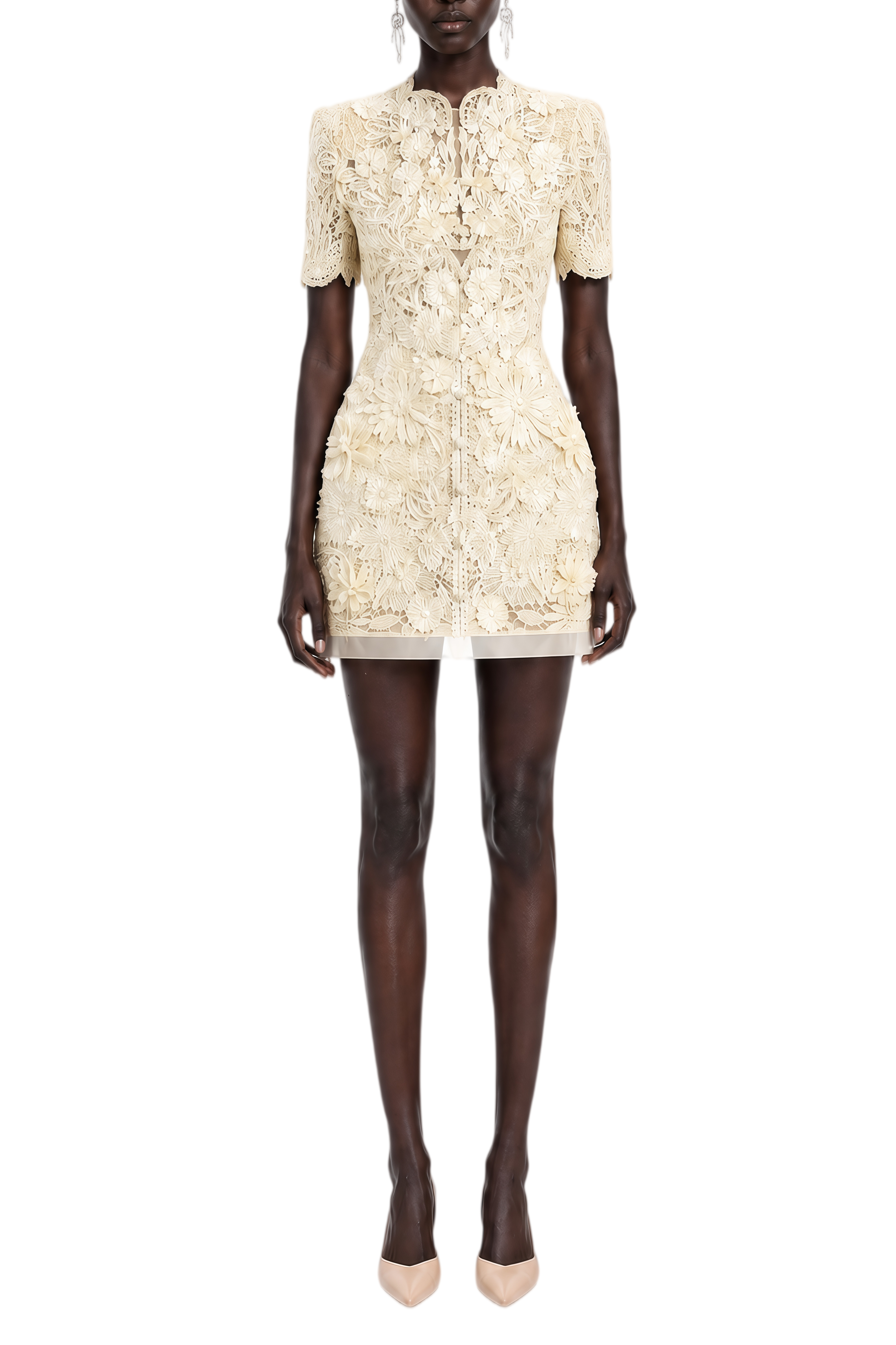 Amelie Neutral Floral Embroidered Lace Mini Dress