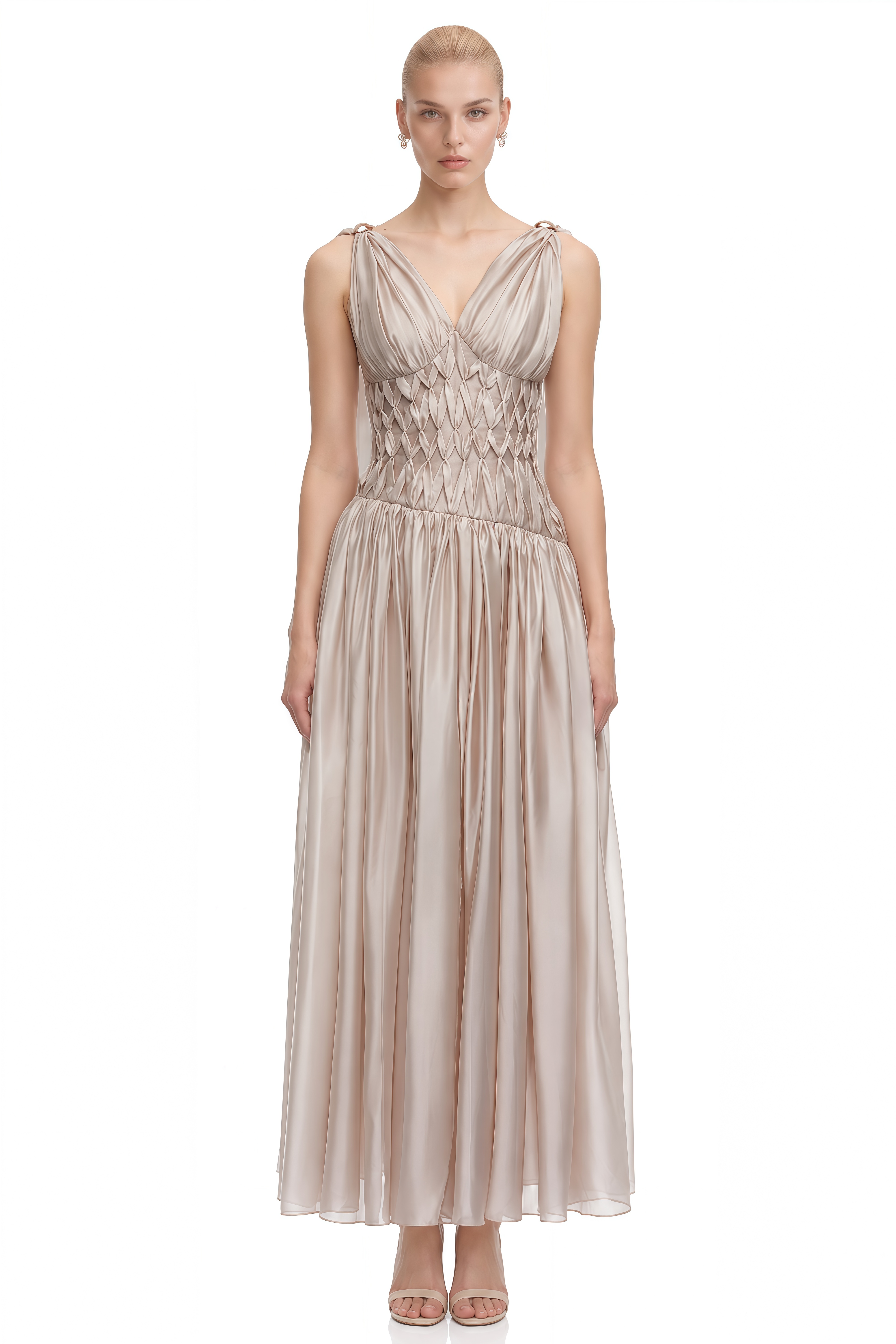 Fay Champagne V-Neck Ruched Maxi Dress