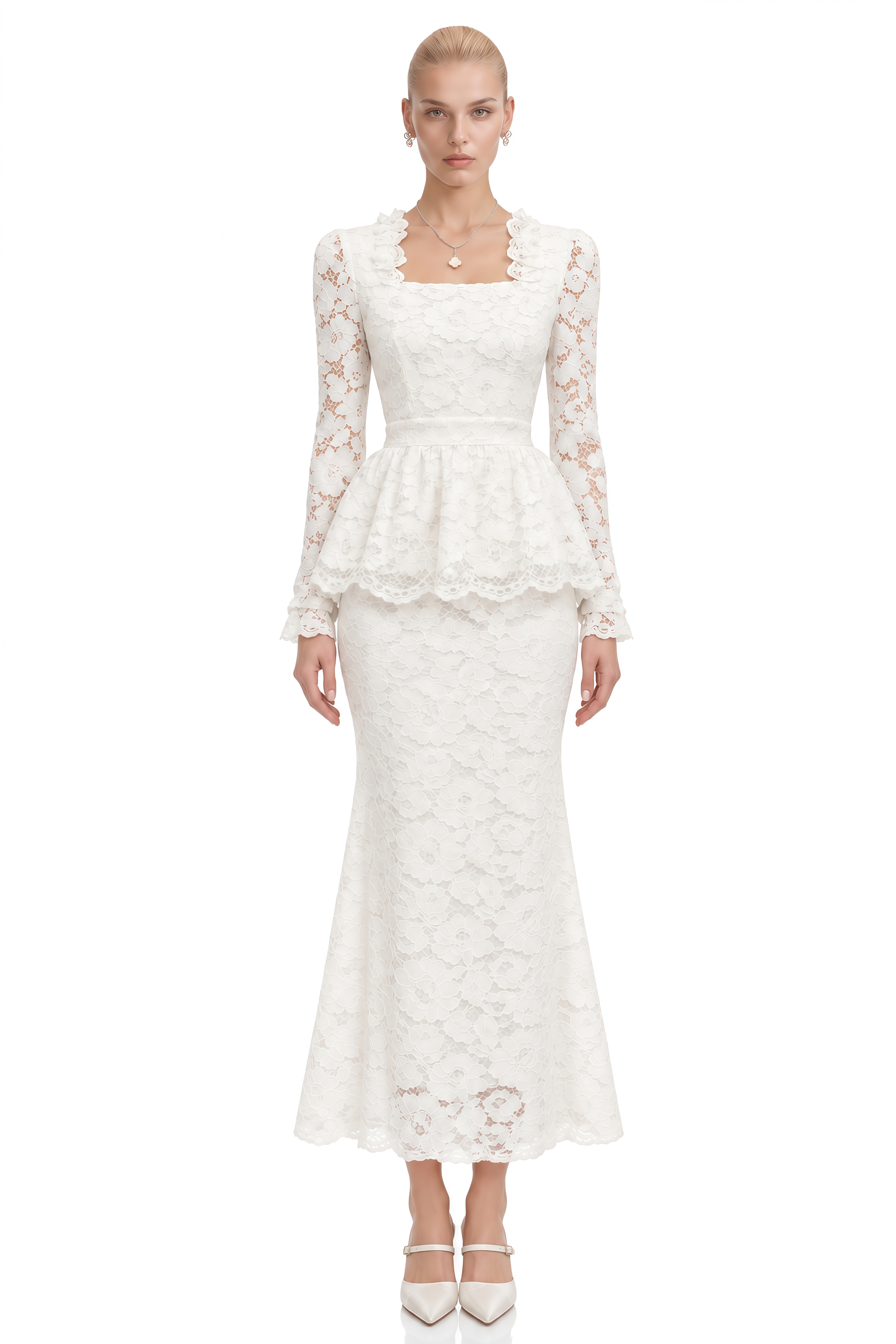 Gigi White Floral Lace Scalloped Top & Skirt Set