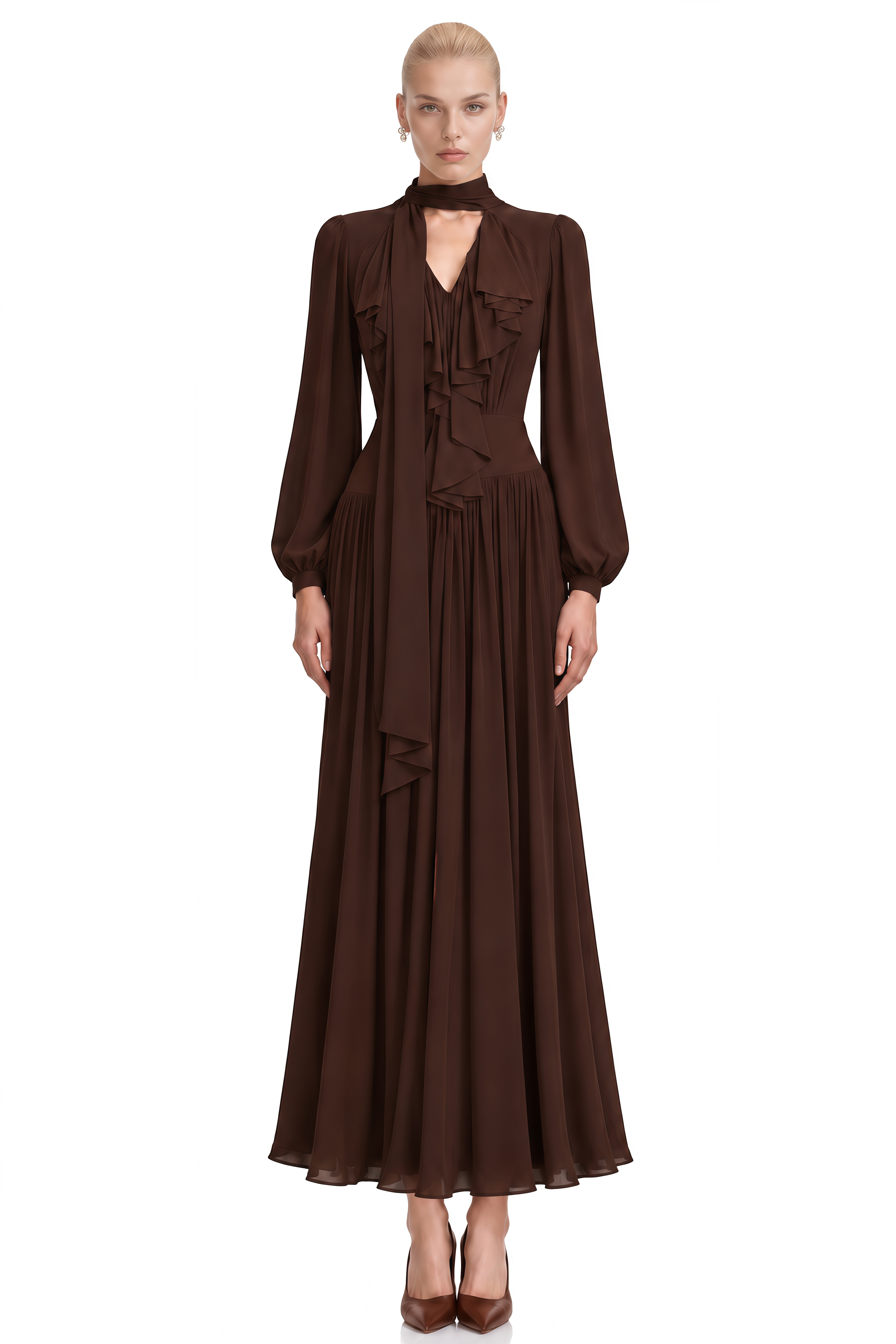 Verity Brown Long Sleeves Pleated Maxi Dress