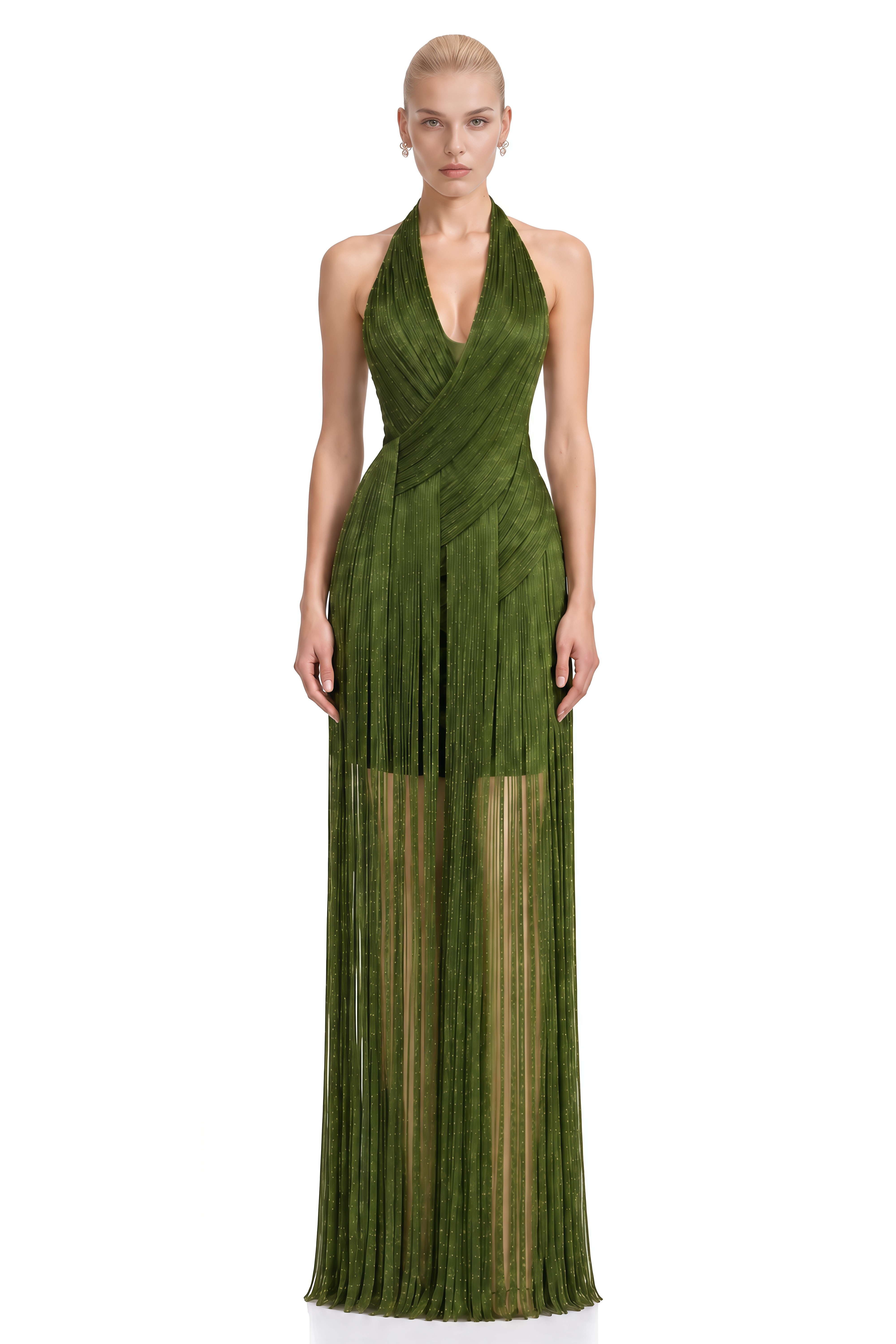 Sylvia Olive Green Asymmetrical Fringe Maxi Dress