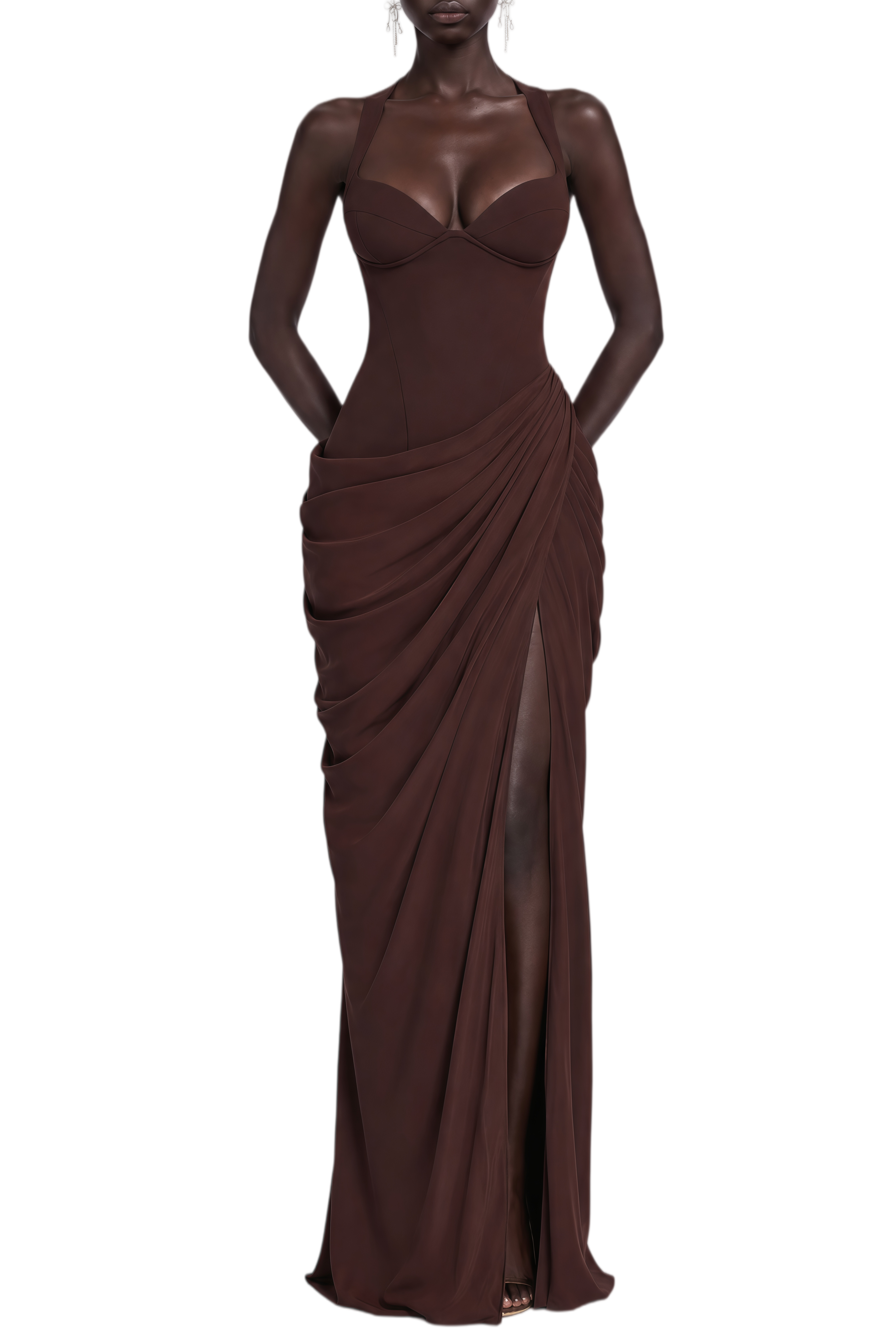 Rosamund Brown Sleeveless Ruched Maxi Dress