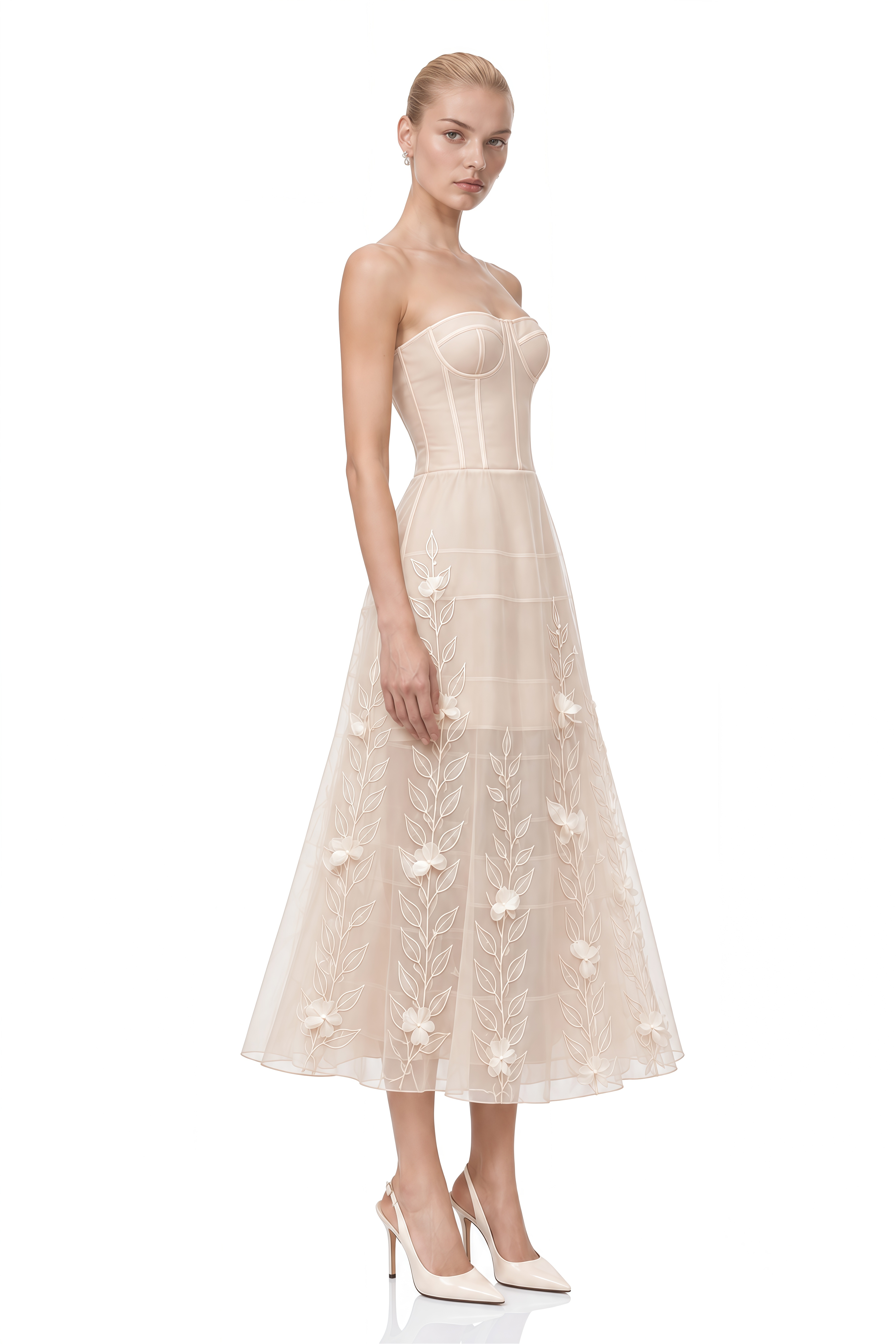 Elara Neutral Strapless Floral Appliqué Midi Dress
