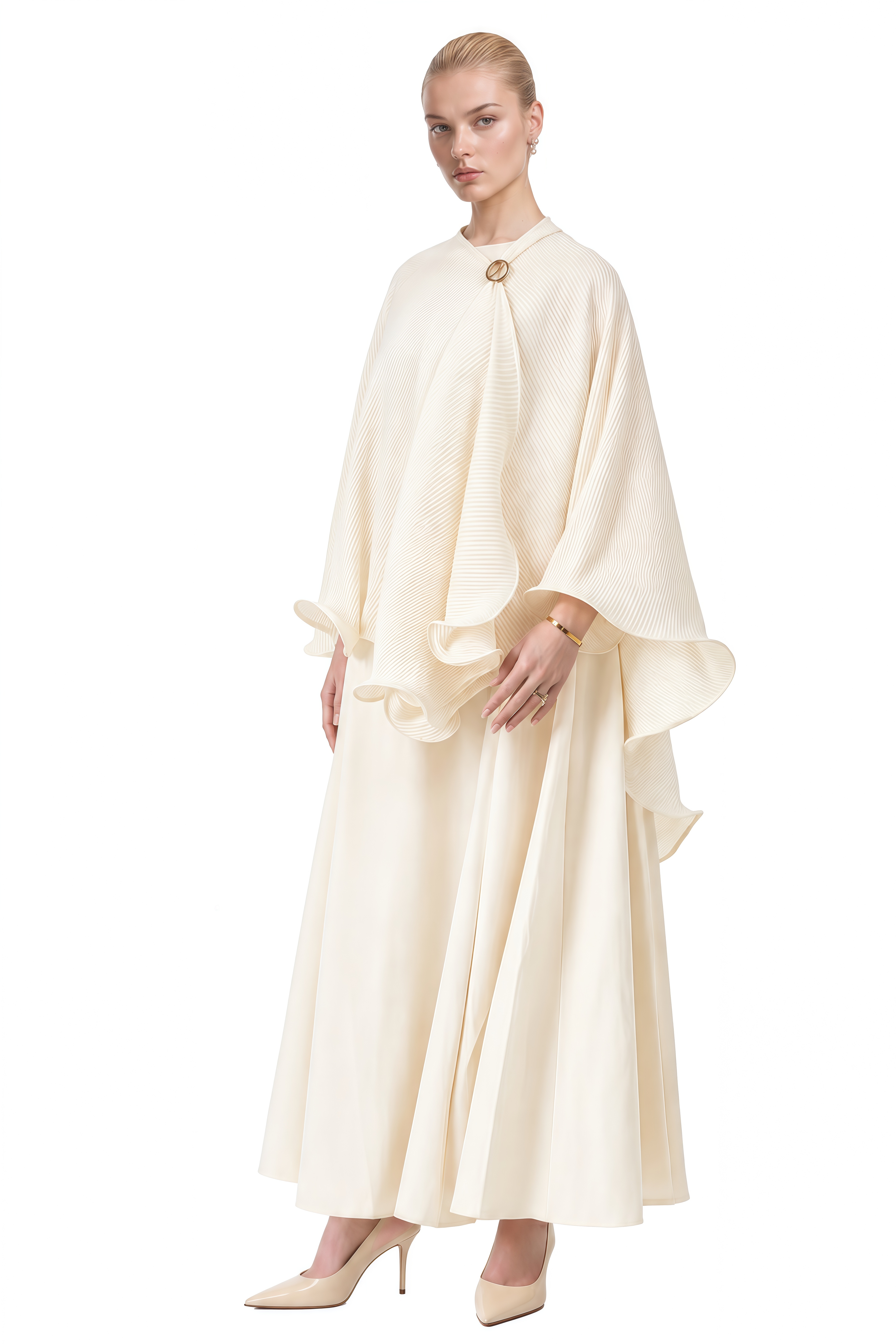 Aurora Neutral Cape Ruffled Top & Maxi Dress Set