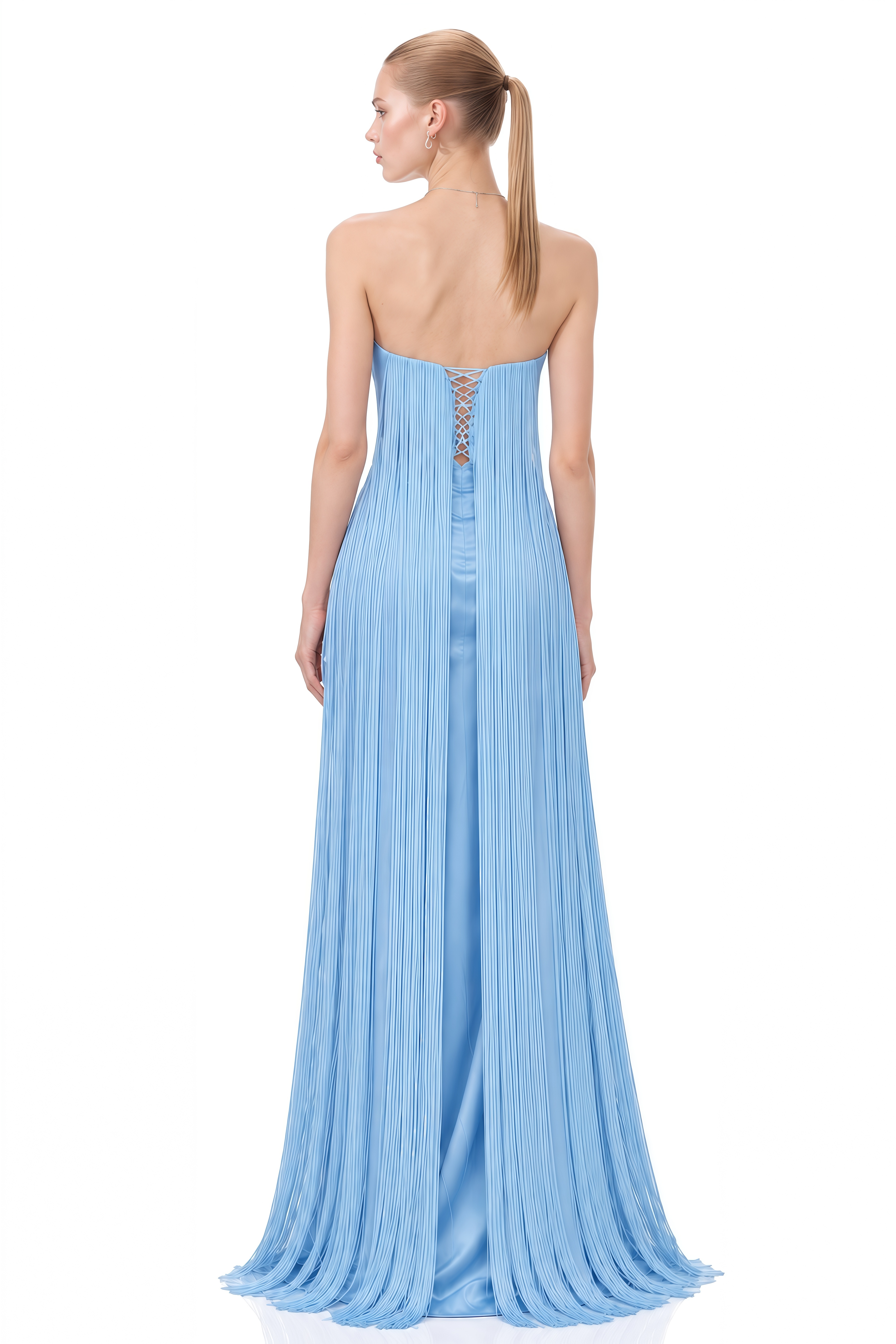 Belle Blue Strapless Fringe Maxi Dress