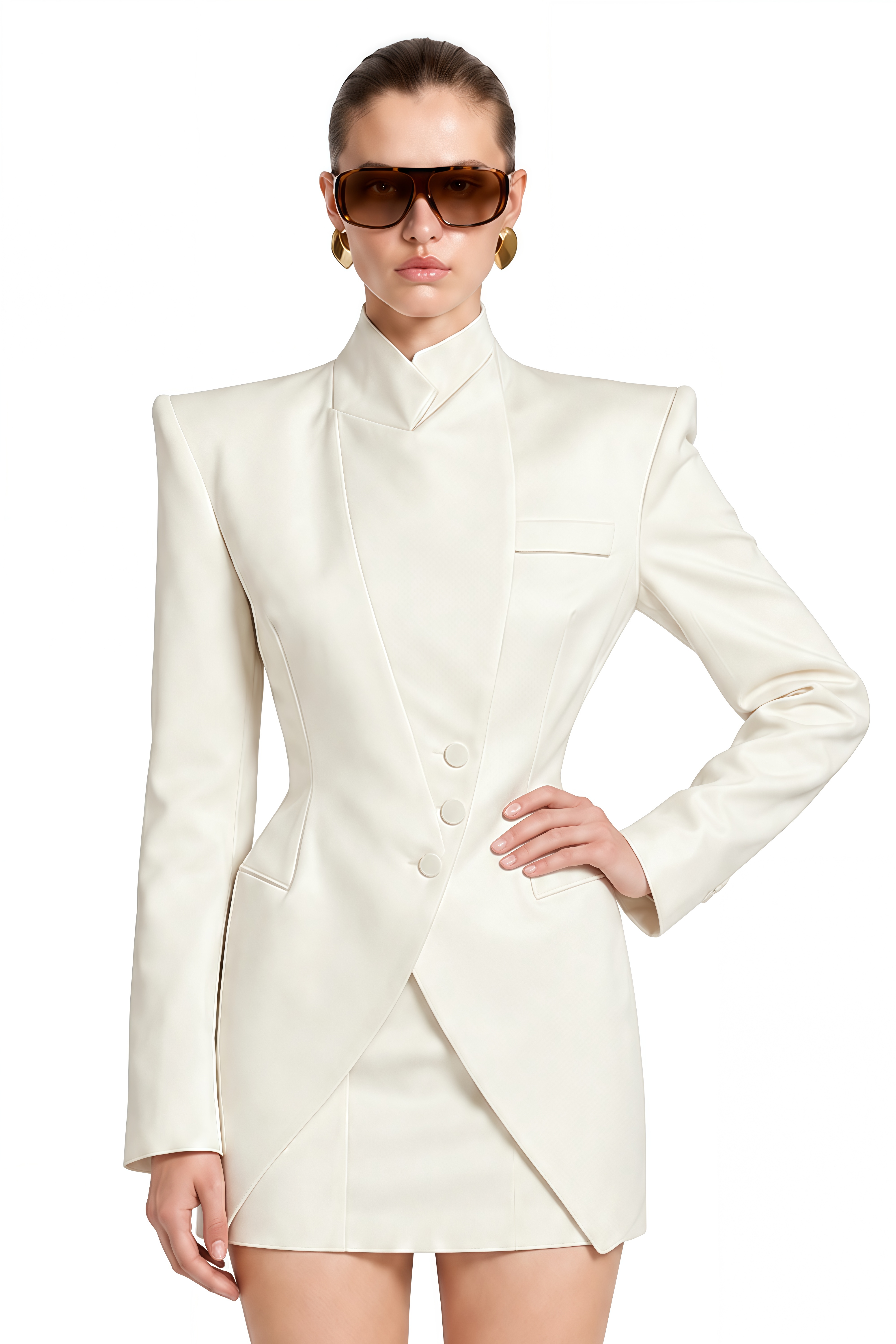 Mia Ivory Long Sleeves Asymmetrical Coat & Skirt Set