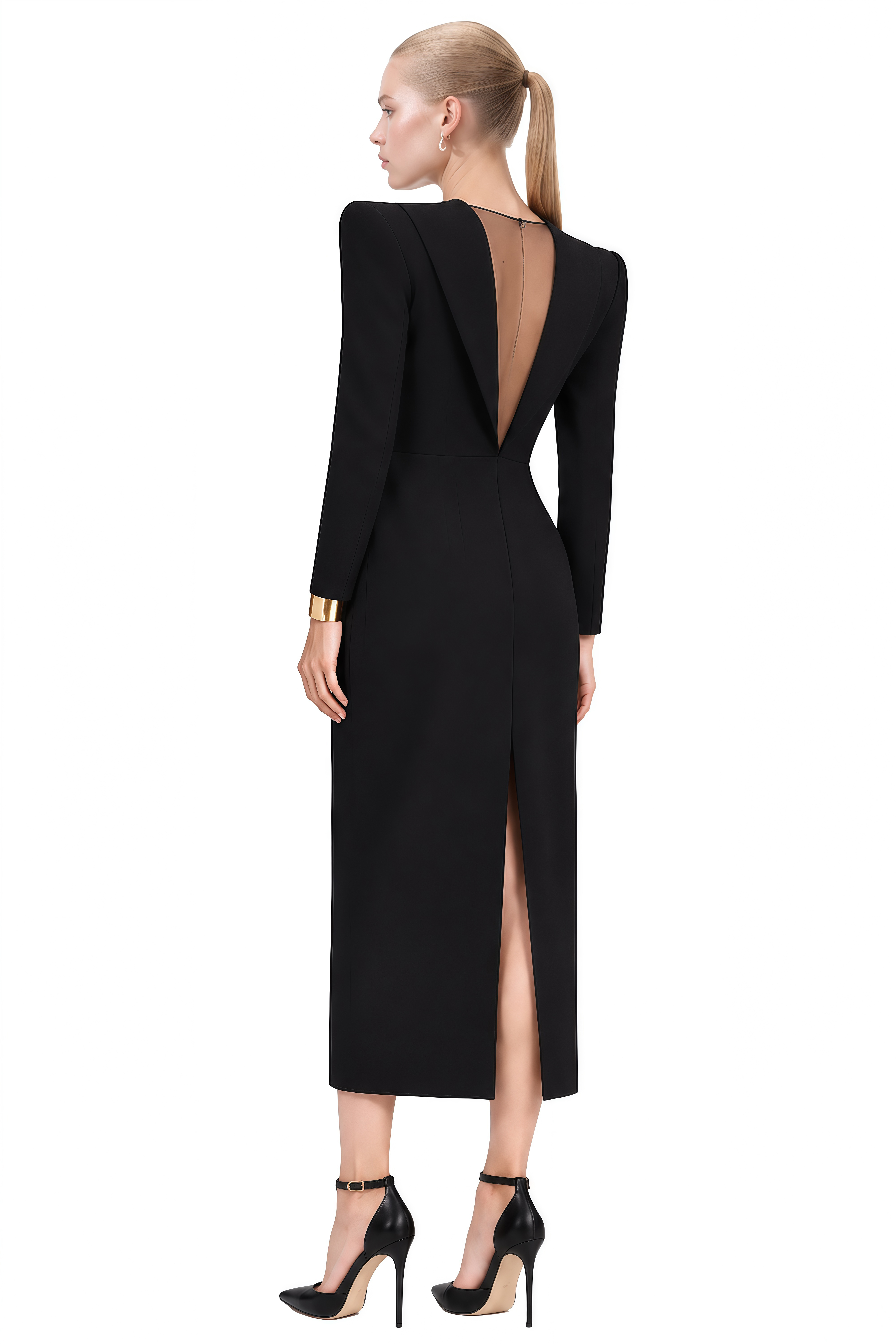 Helen Black Structured Shoulder Slit Midi Dress