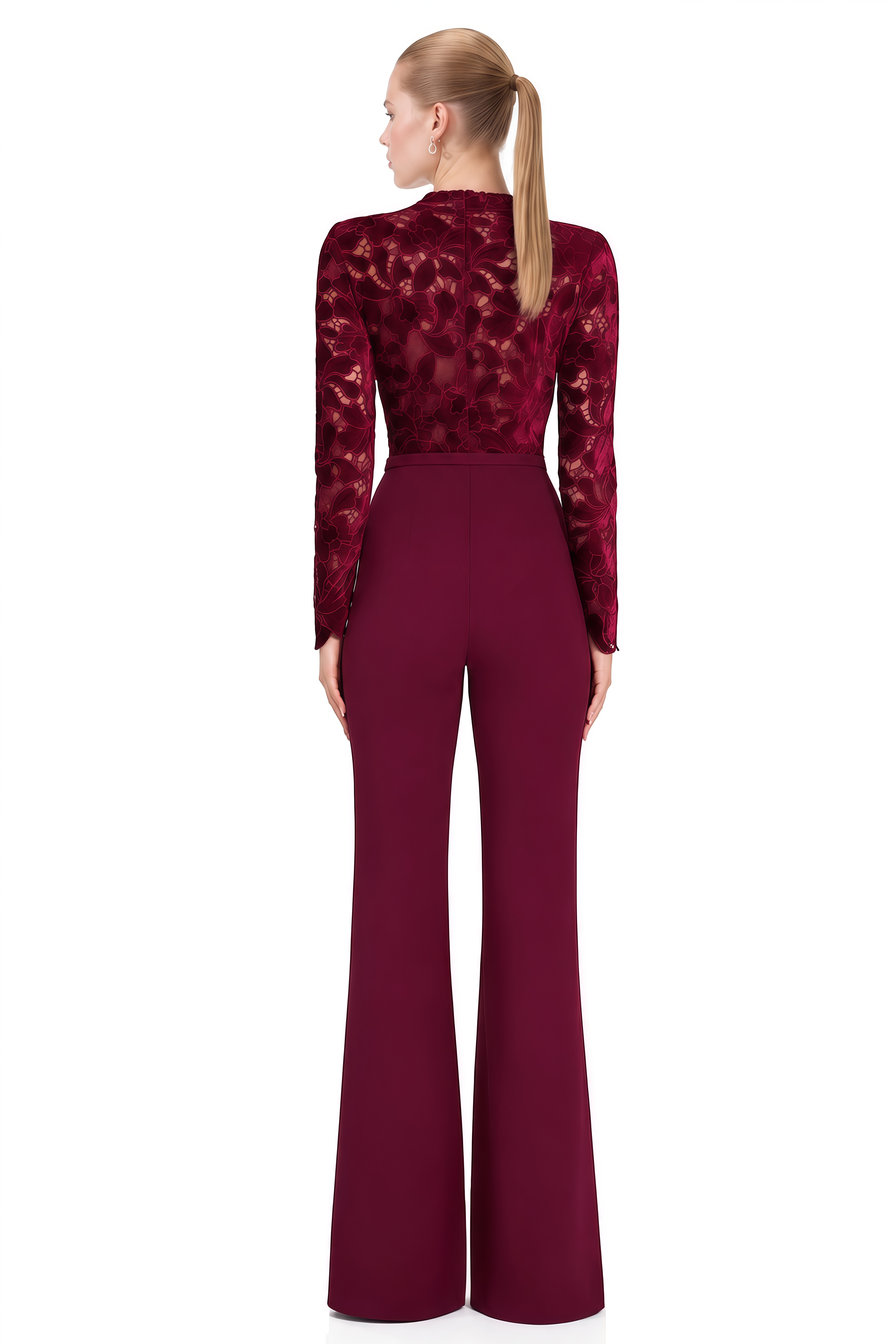 Flora Burgundy Long Sleeves Belted Jumpsuit