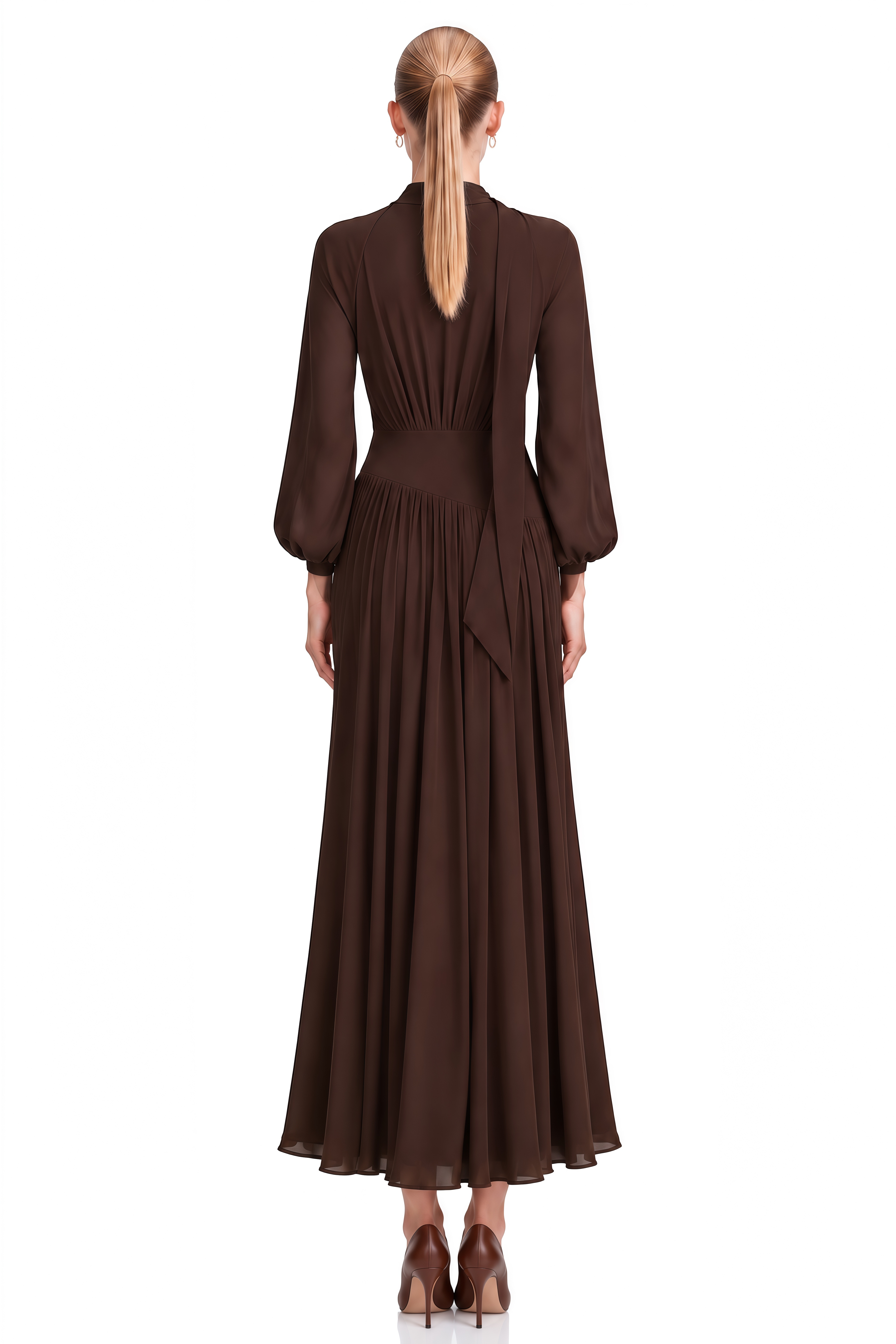 Verity Brown Long Sleeves Pleated Maxi Dress