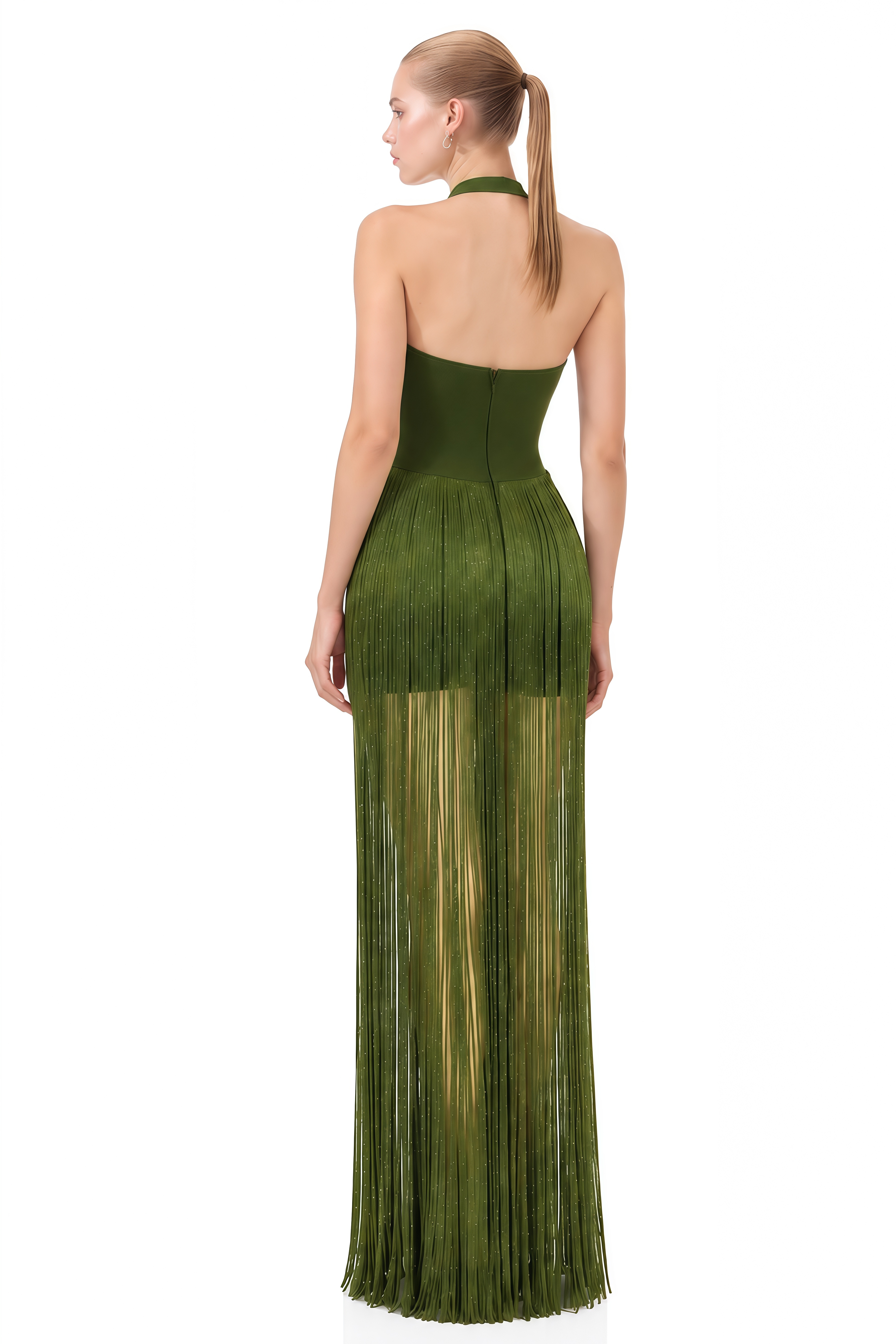 Sylvia Olive Green Asymmetrical Fringe Maxi Dress
