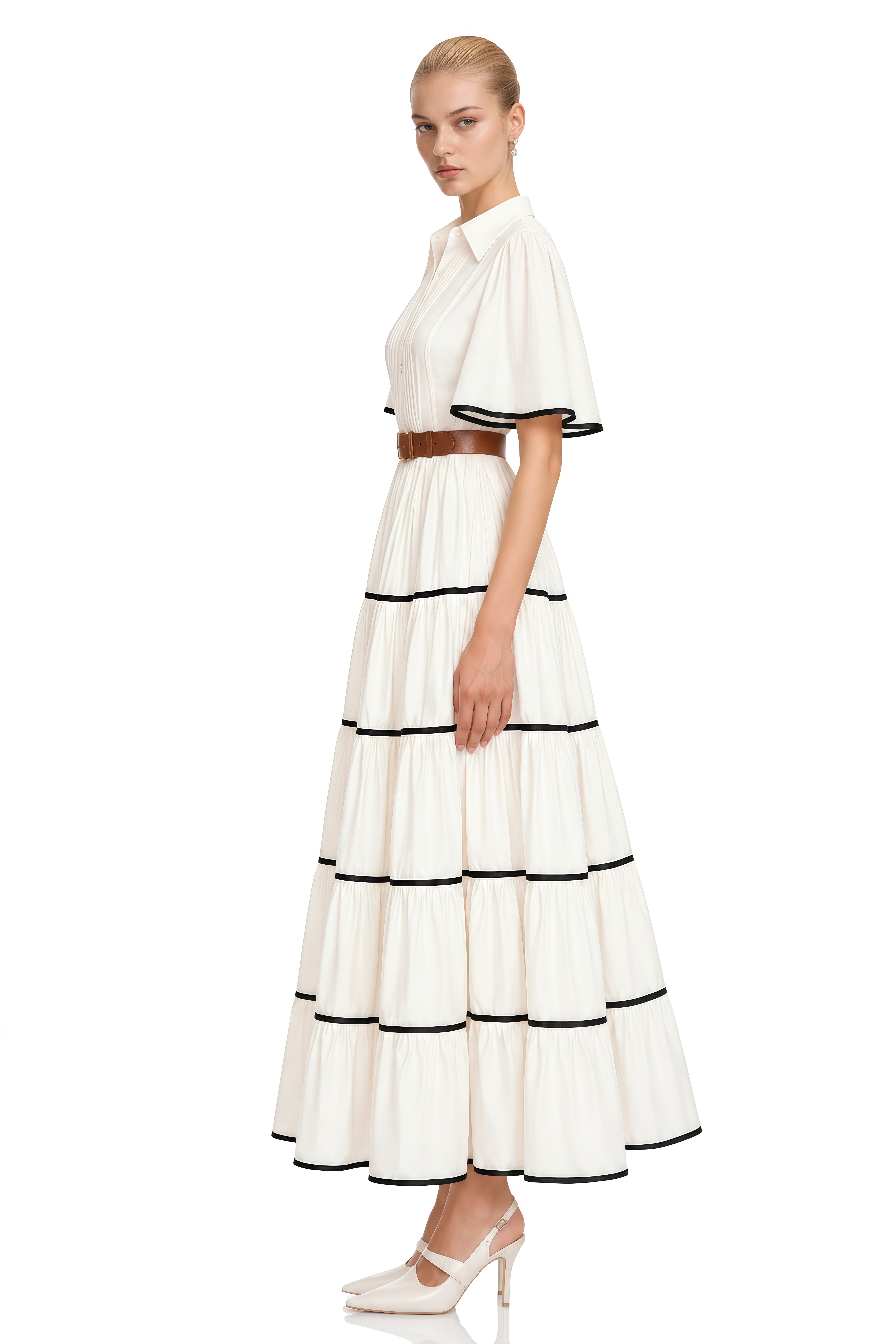 Coralie White Short Sleeves Belted Maxi Dress