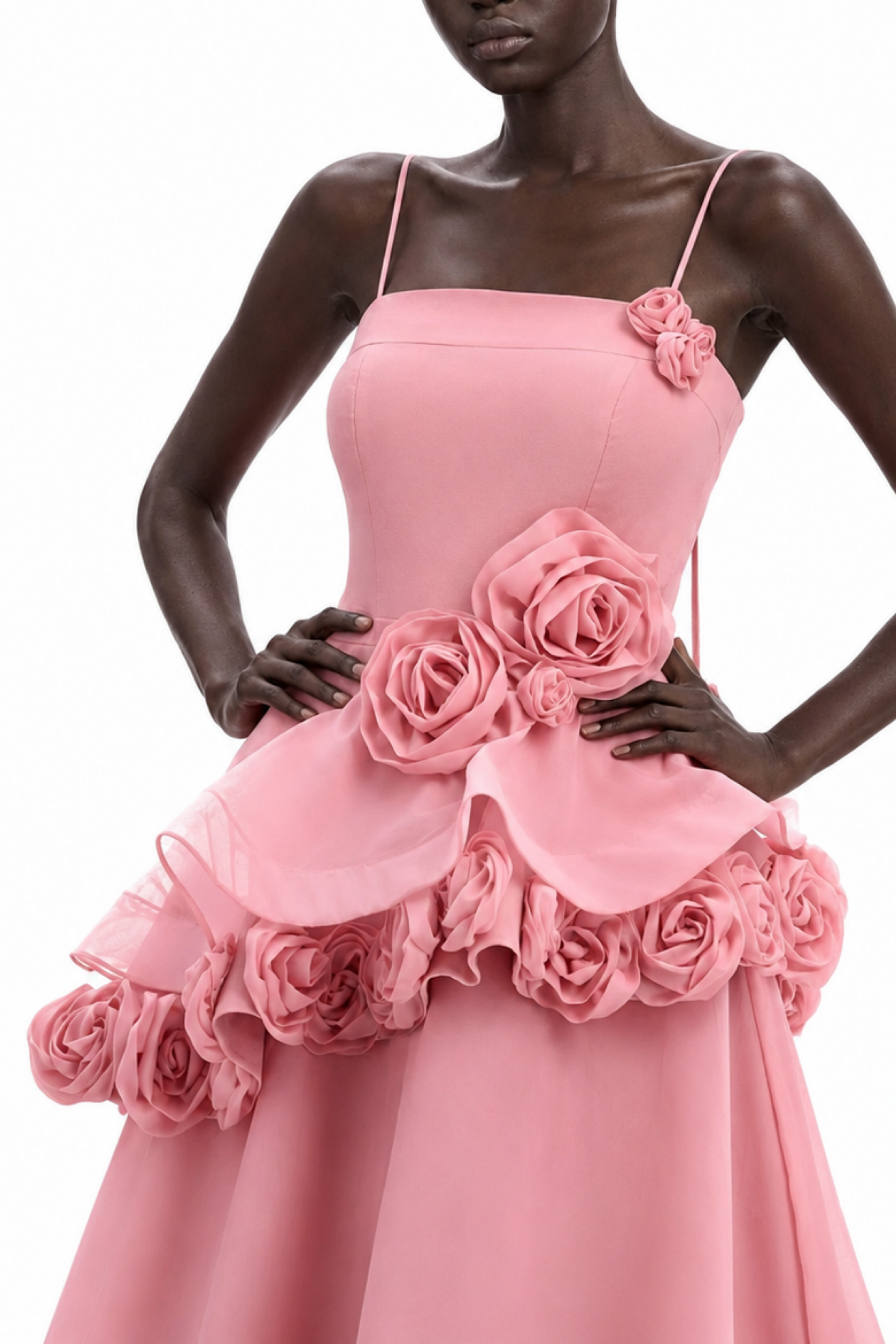 Cecilia Pink 3D Floral Appliqué Asymmetrical Maxi Dress