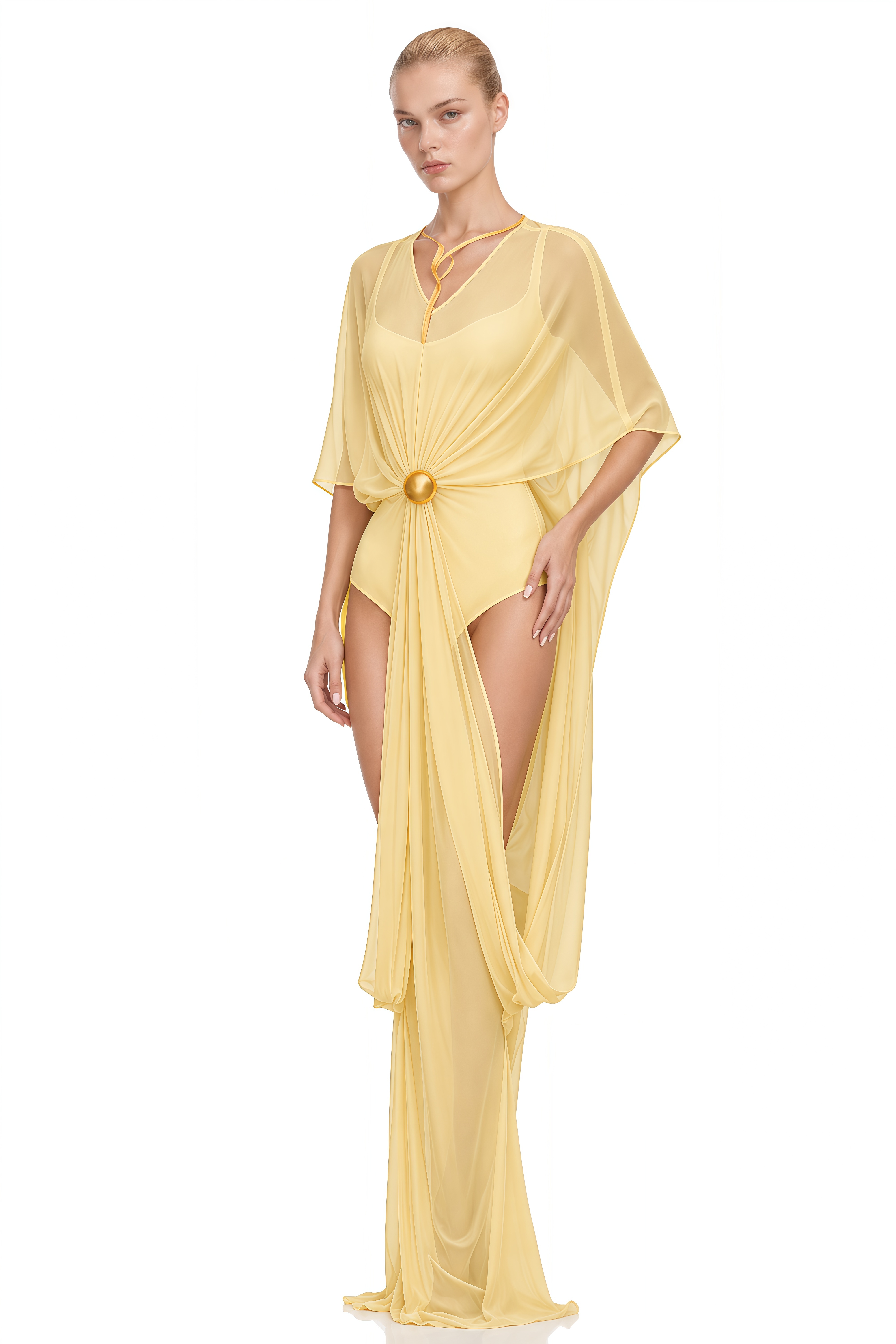 Elowen Yellow V-Neck Draped Shawl & Bodysuit Set