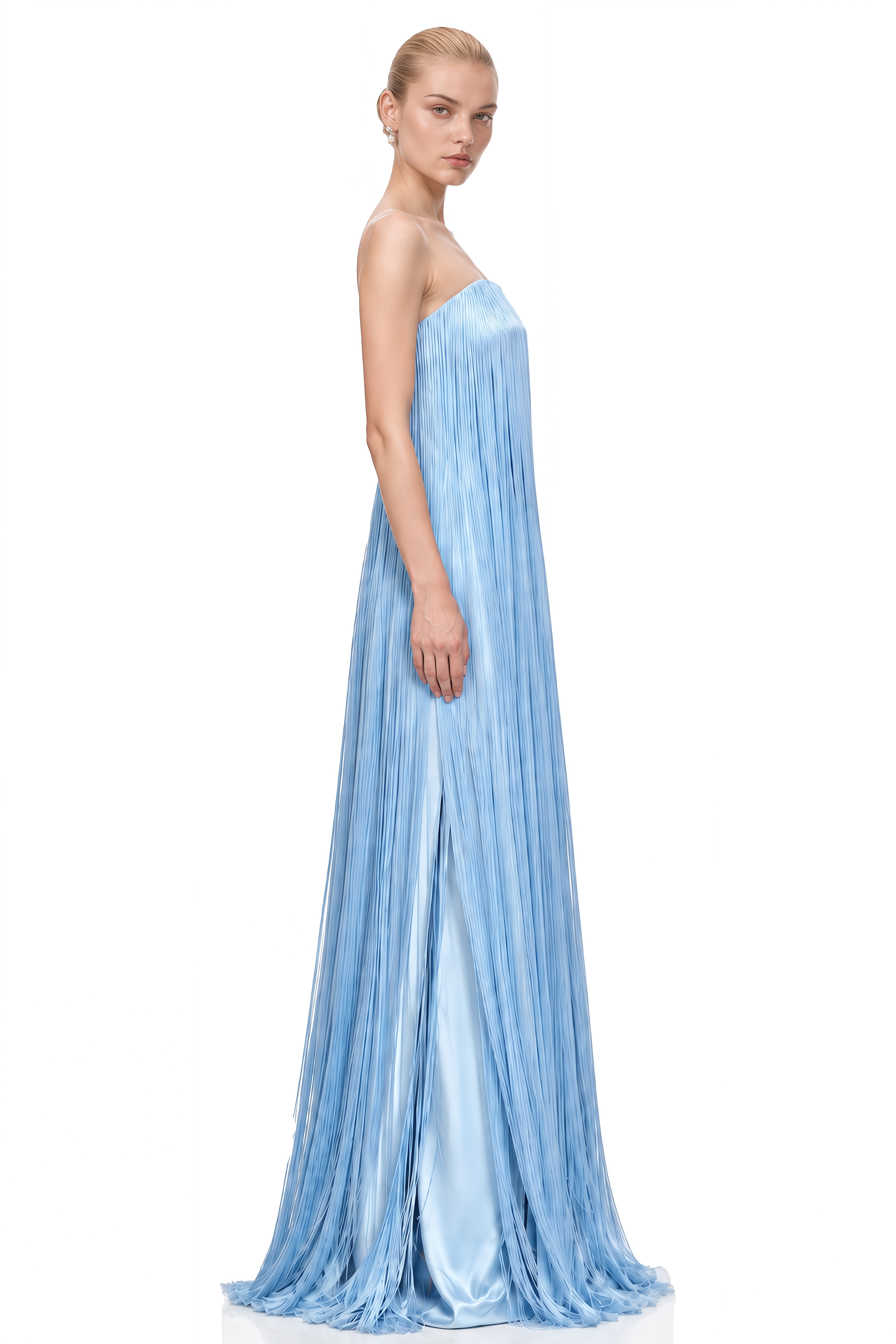 Belle Blue Strapless Fringe Maxi Dress