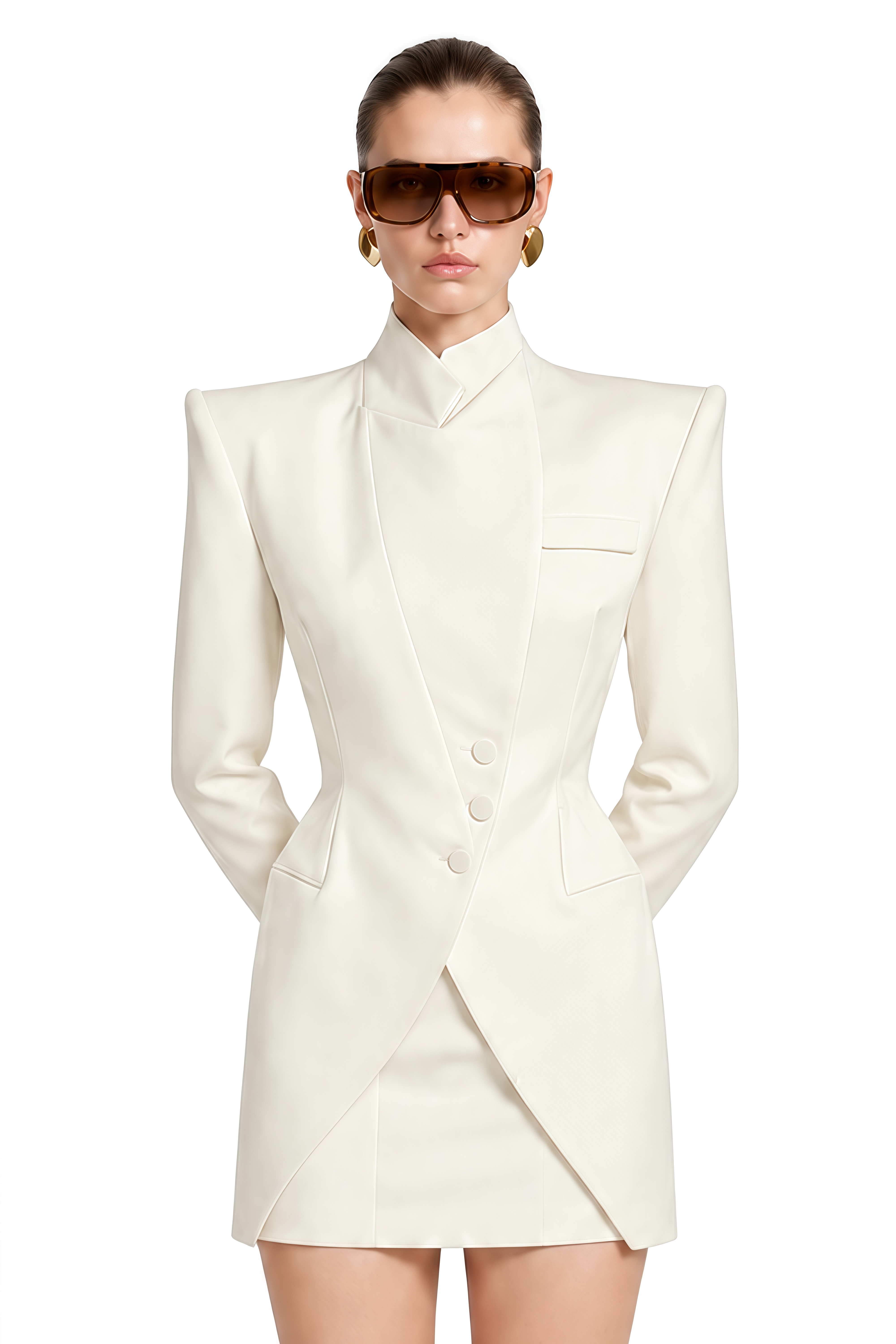 Mia Ivory Long Sleeves Asymmetrical Coat & Skirt Set