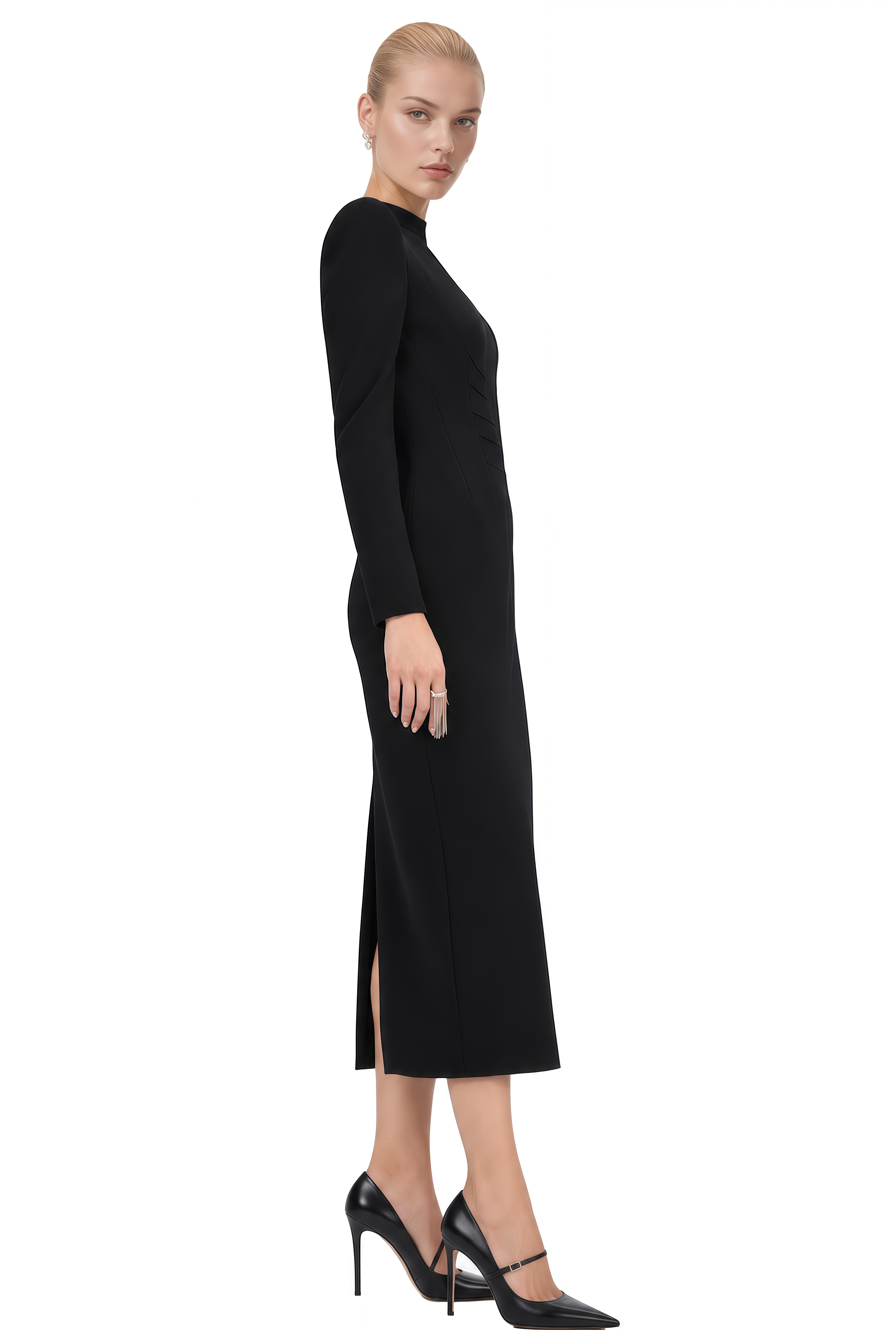 Helen Black Structured Shoulder Slit Midi Dress