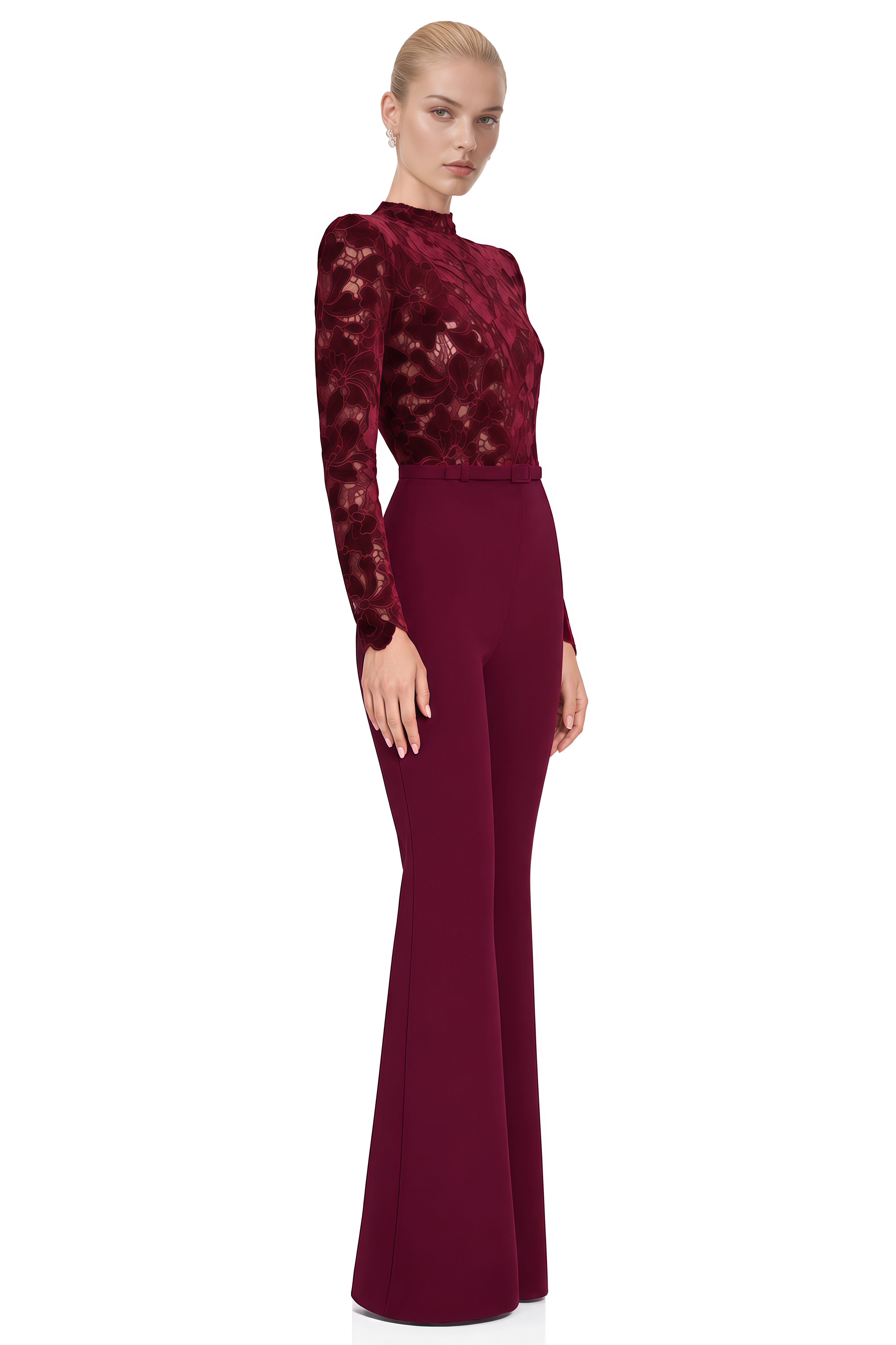 Flora Burgundy Long Sleeves Belted Jumpsuit