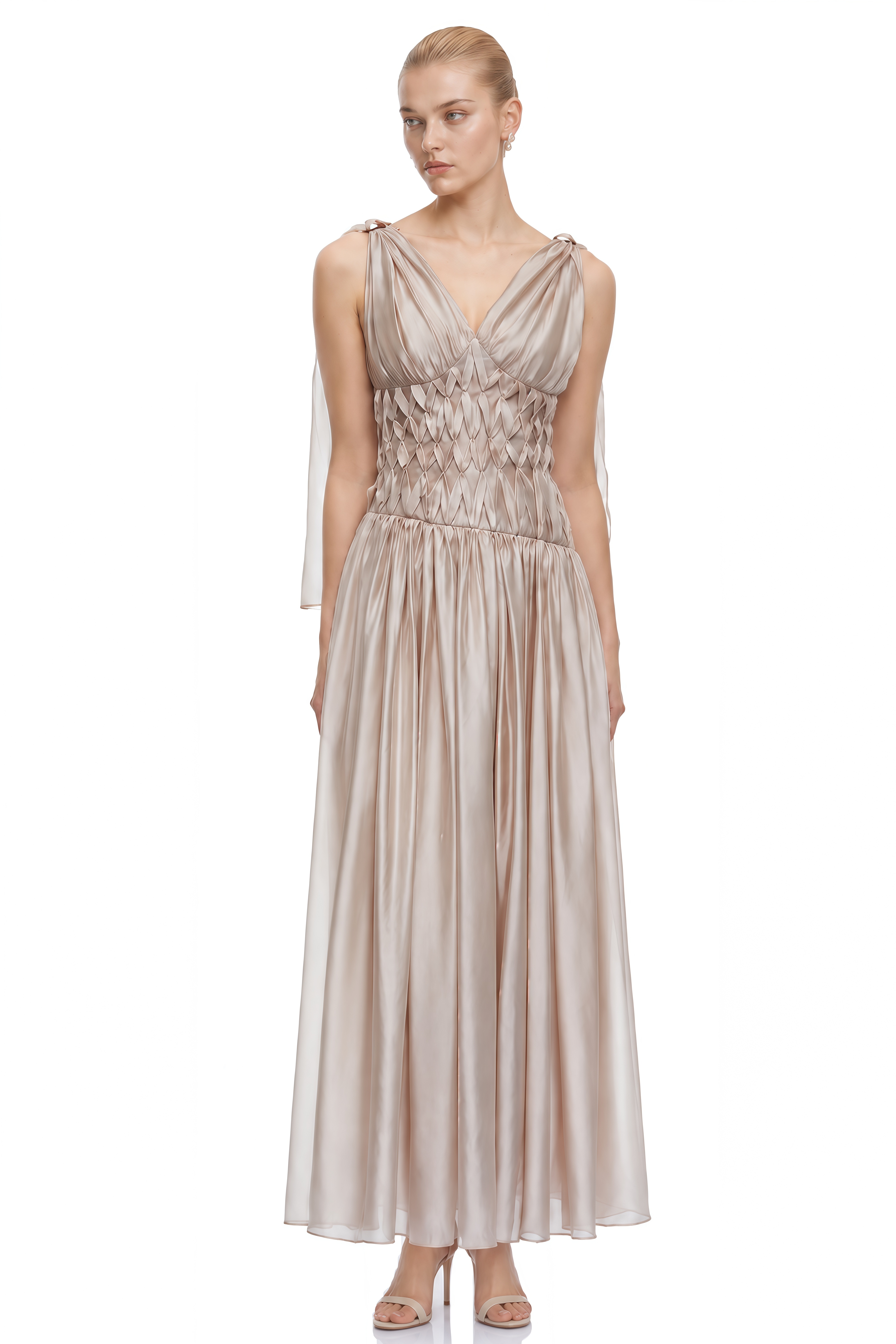 Fay Champagne V-Neck Ruched Maxi Dress