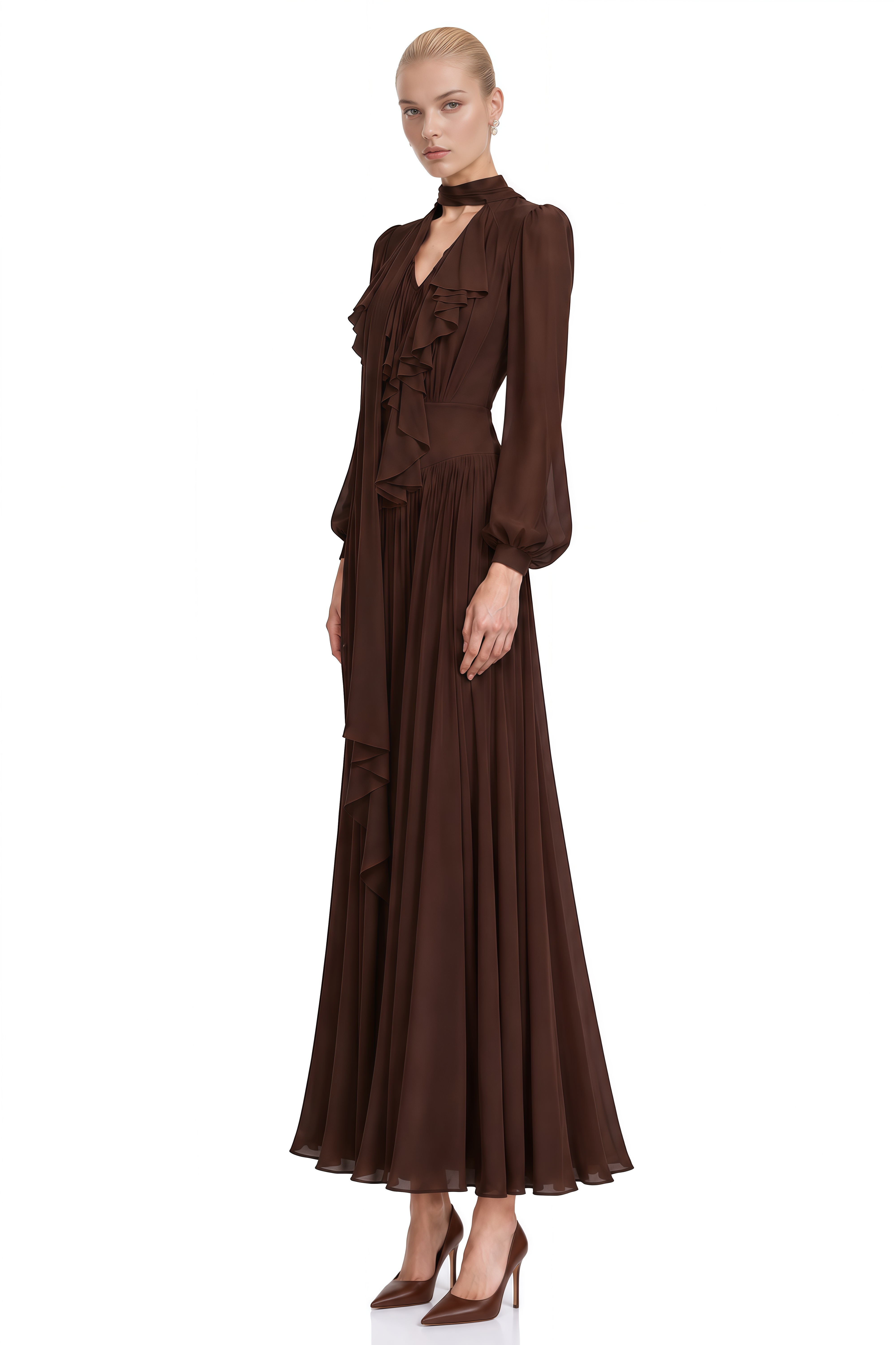 Verity Brown Long Sleeves Pleated Maxi Dress