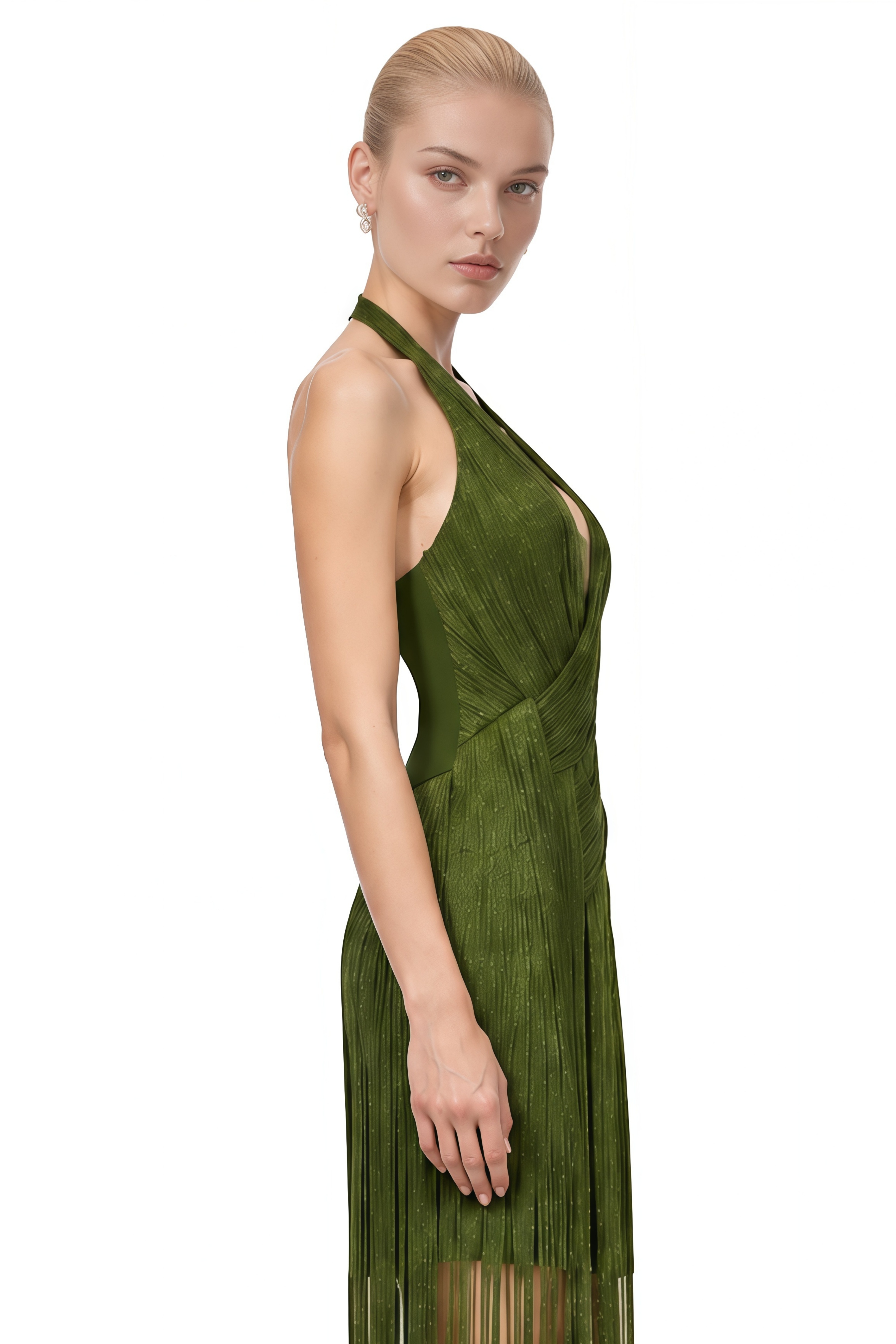 Sylvia Olive Green Asymmetrical Fringe Maxi Dress