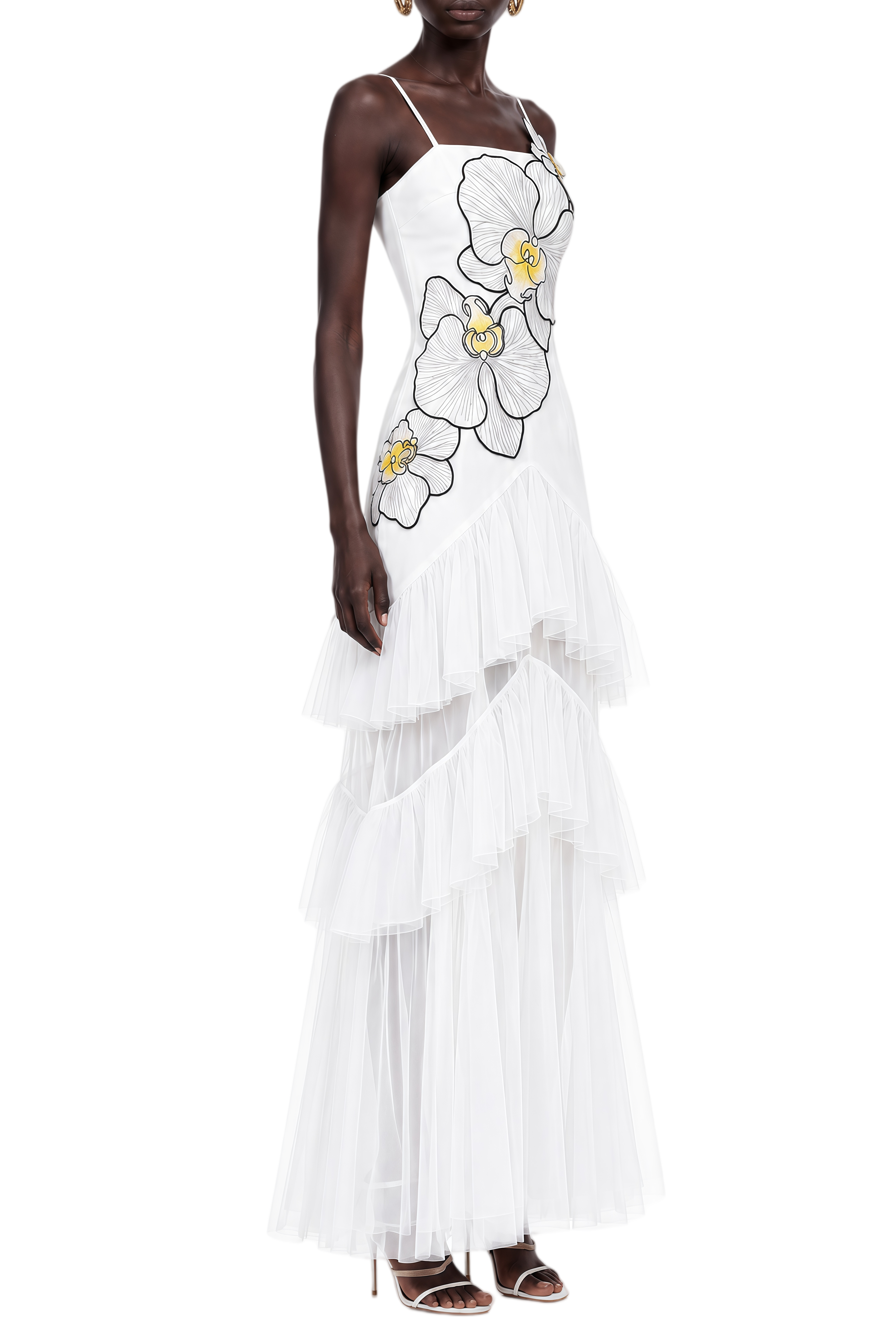 Elodie White 3D Floral Embroidered Sleeveless Maxi Dress