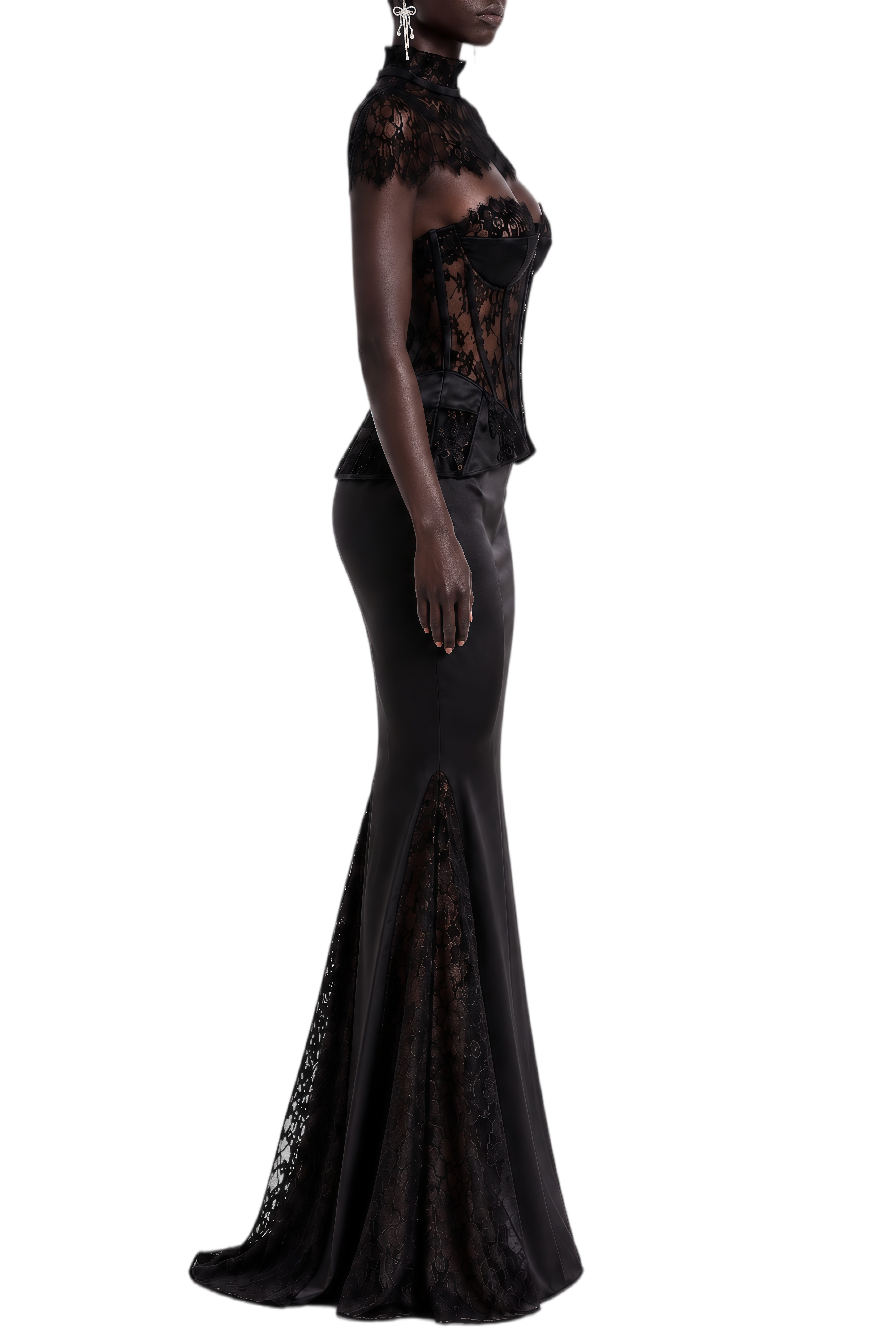 Eira Black Turtleneck Lace Tops & Skirt Set