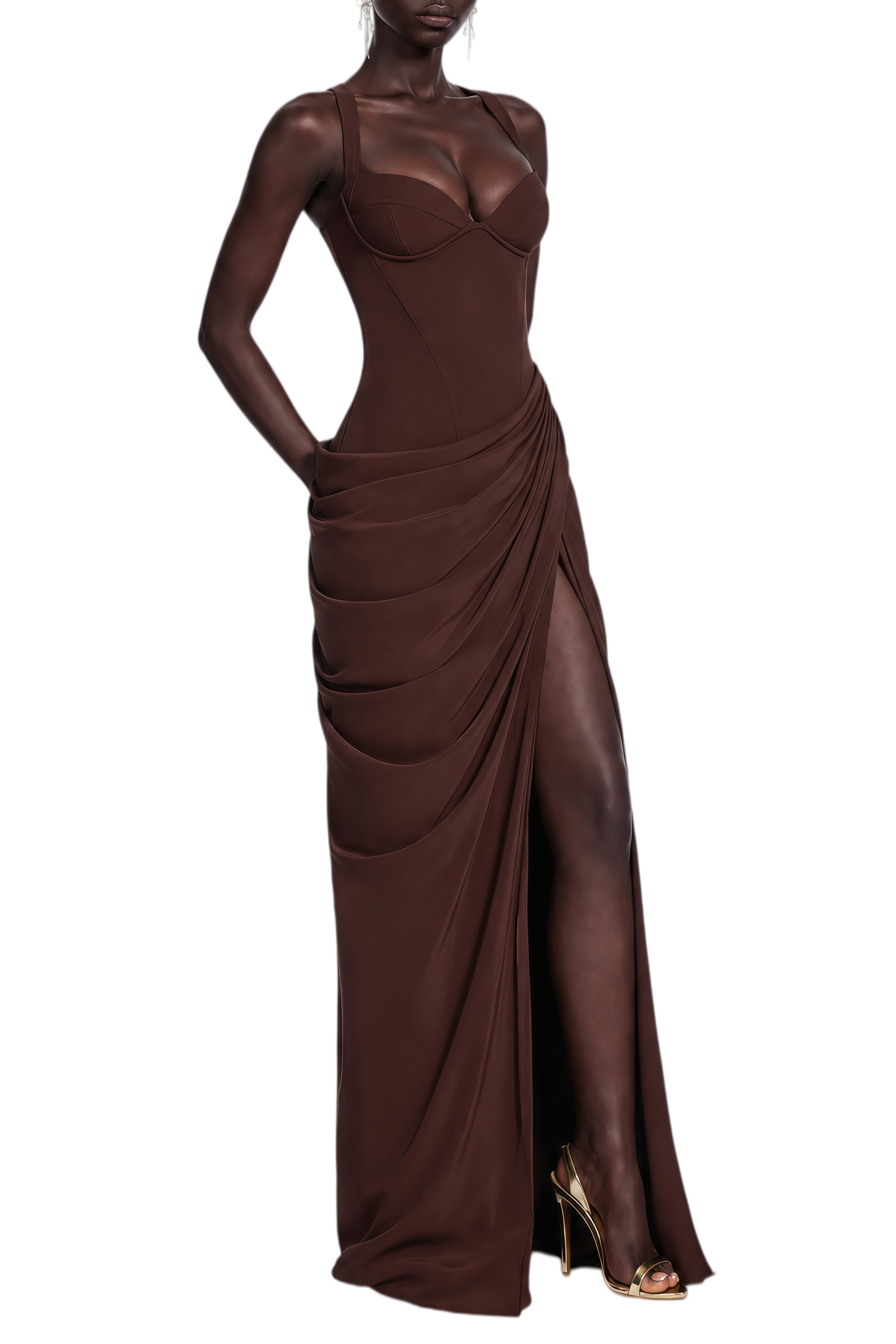 Rosamund Brown Sleeveless Ruched Maxi Dress