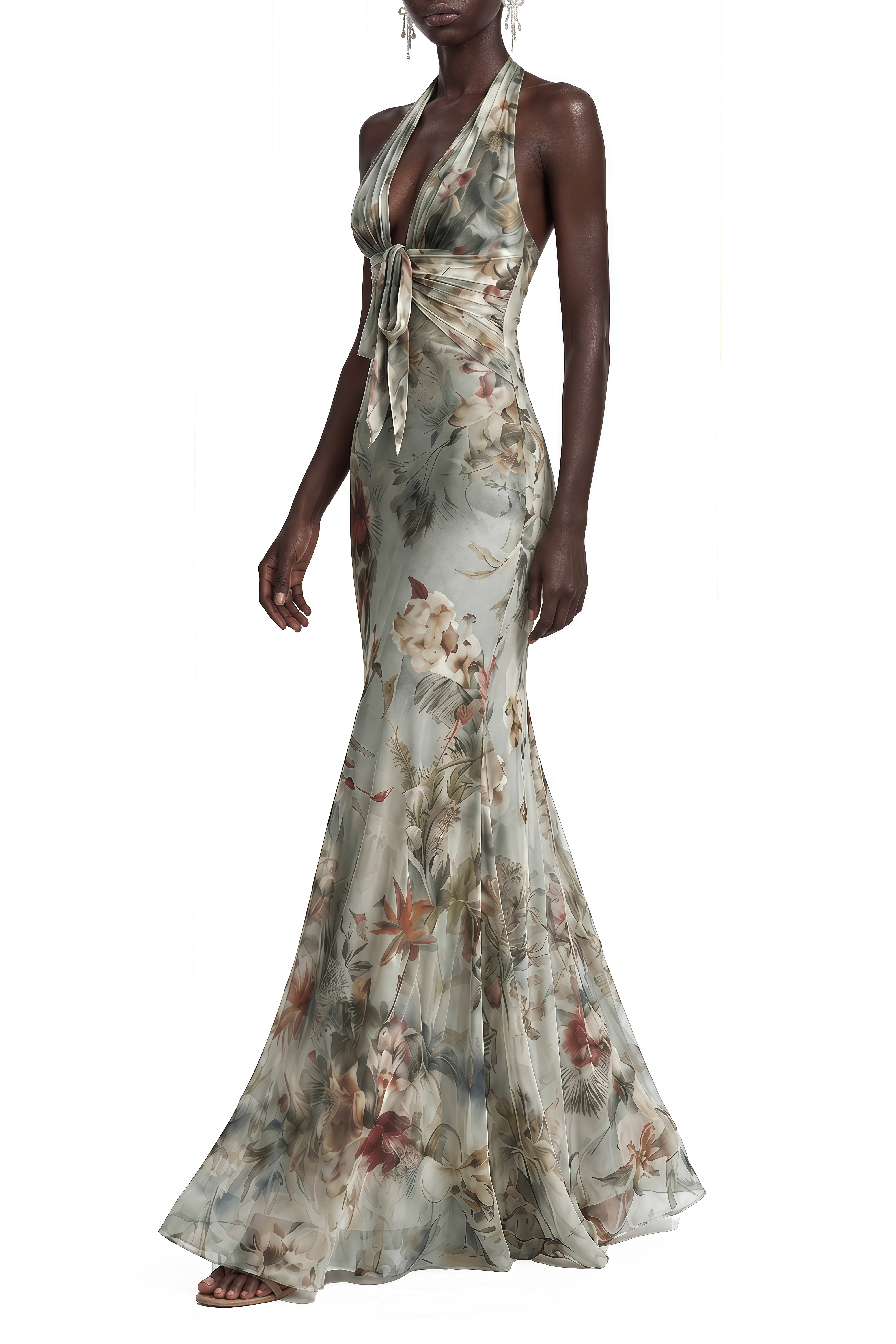Serenity Green Floral Print Ruched Maxi Dress